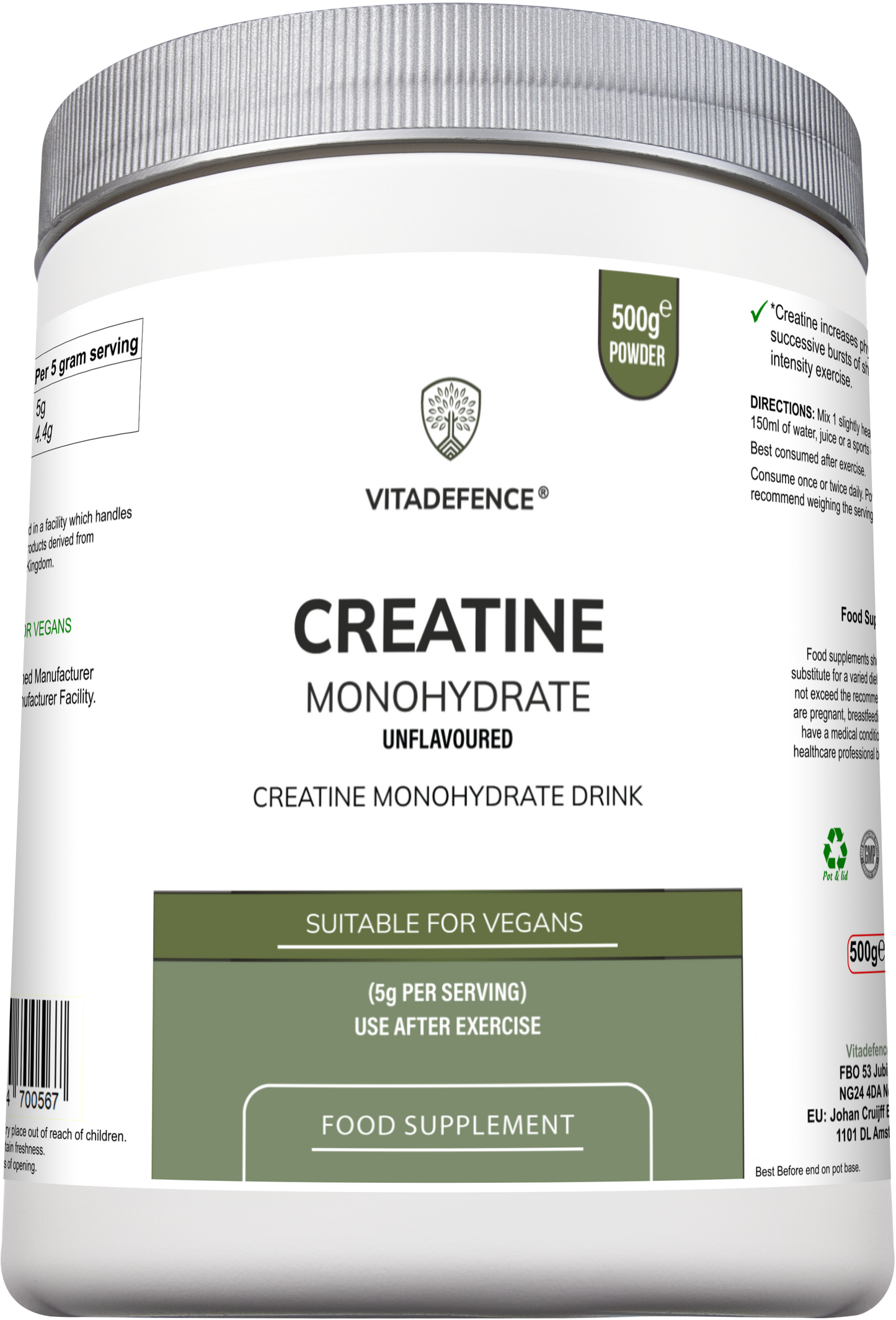 Vitadefence® Creatine Monohydrate | Pure Unflavoured Creatine Powder – 500 g