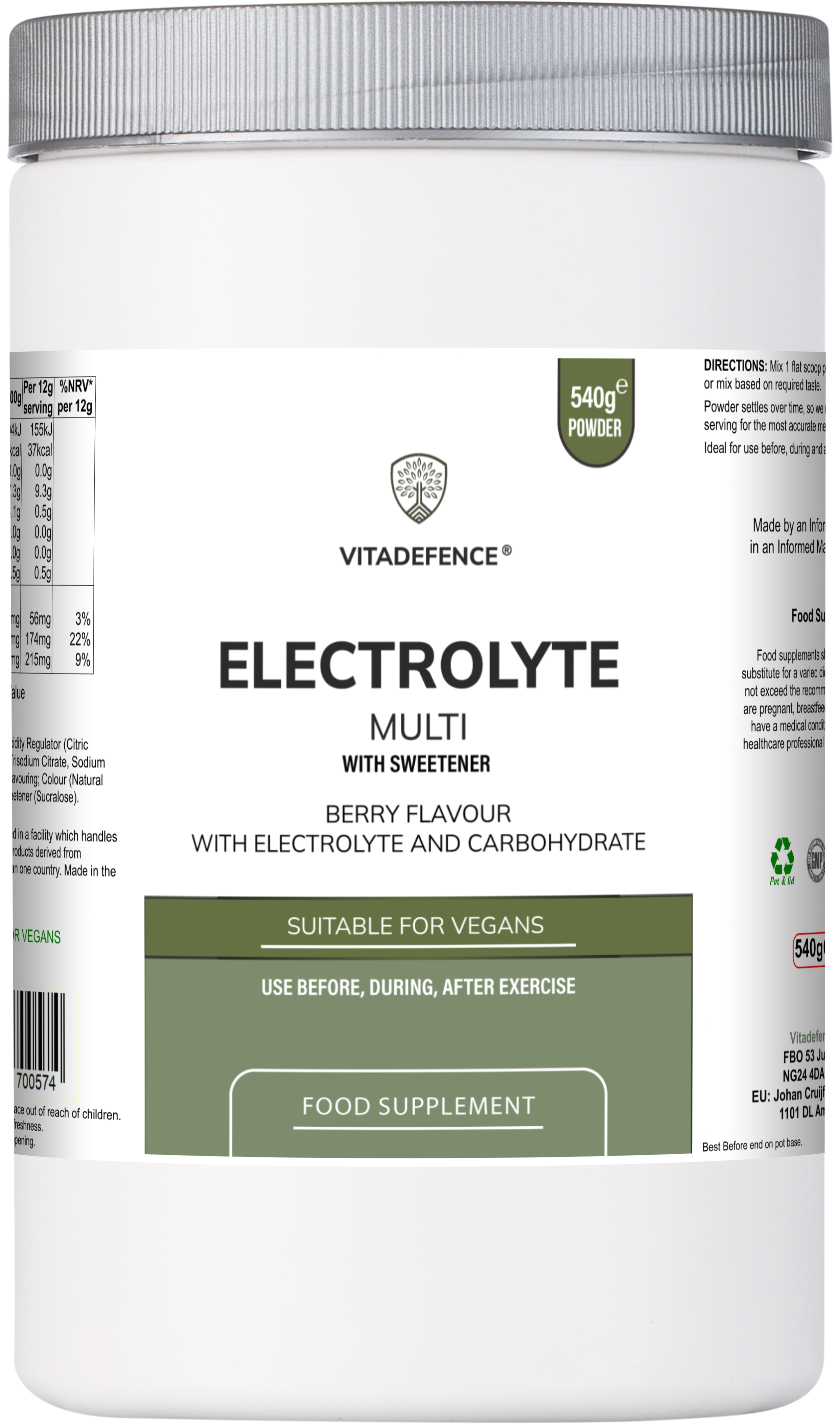 Vitadefence® Electrolyte Multi | Berry Flavour Hydration Powder with Electrolytes & Minerals – 540 g
