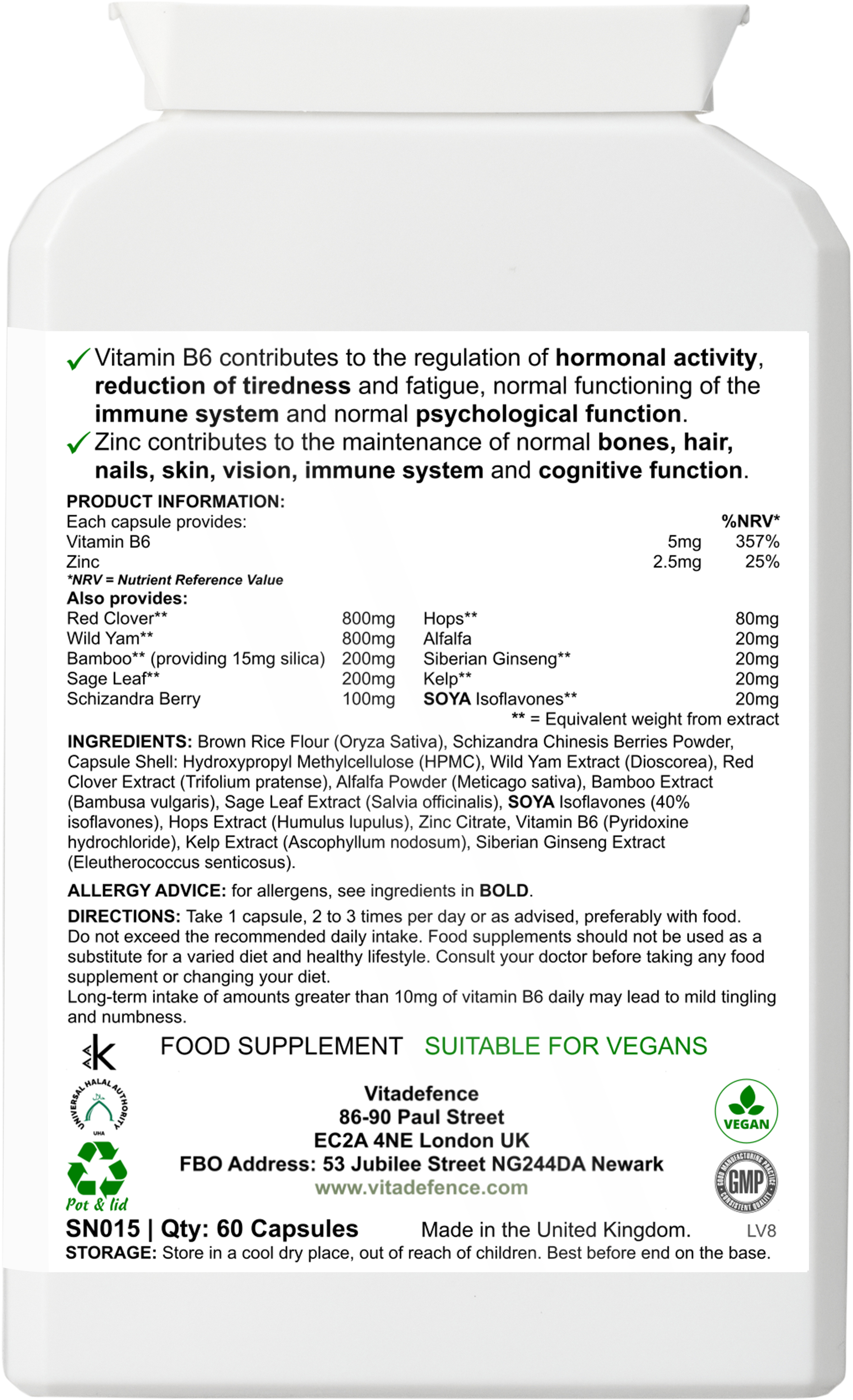 Red Clover Multi | Vitamin B6, Zinc, Sage & Siberian Ginseng | 60 Capsules | Vitadefence®