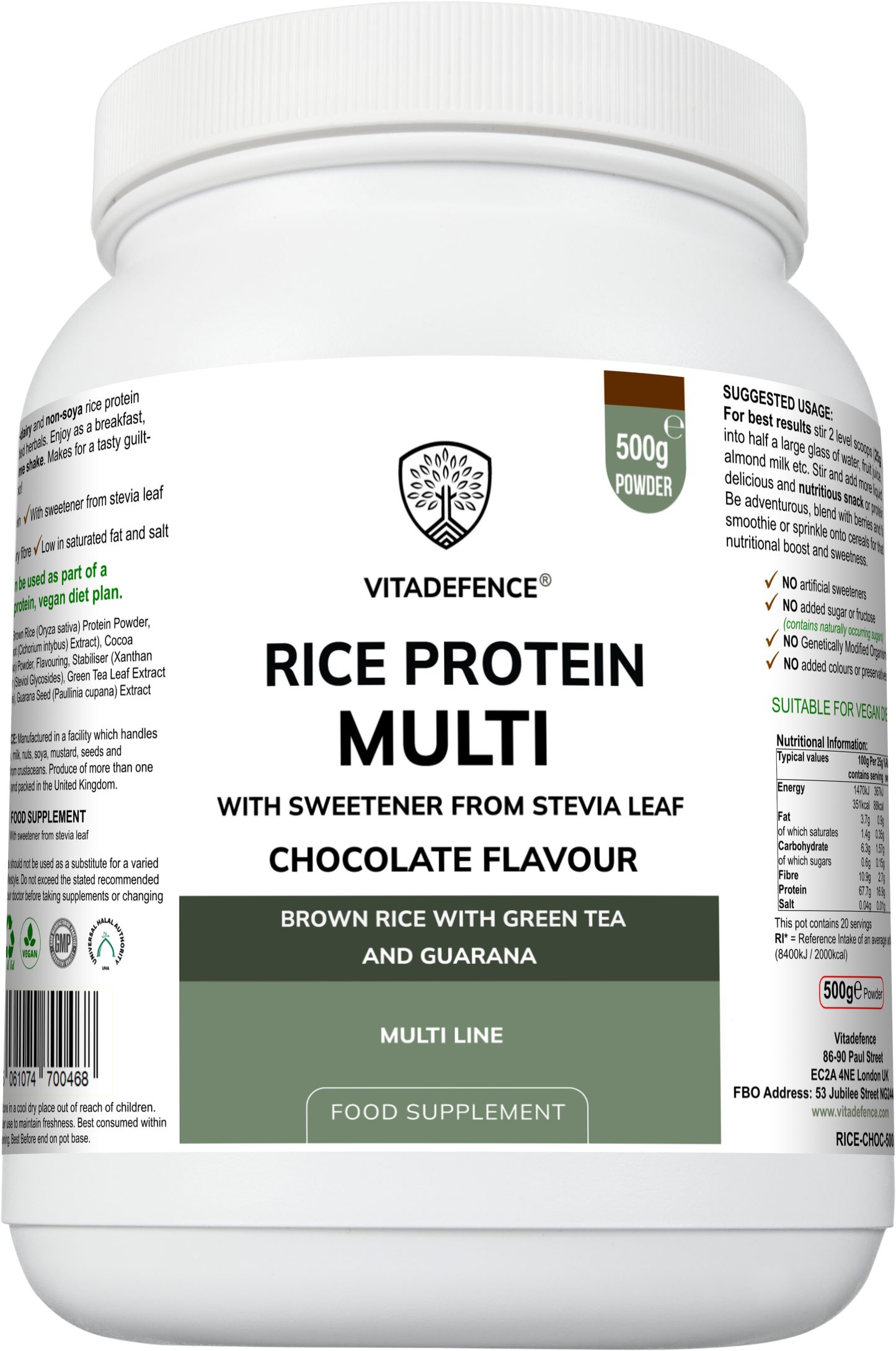 Vitadefence® Rice Protein Multi | Chocolate Flavour Powder with Green Tea & Guarana – 500 g