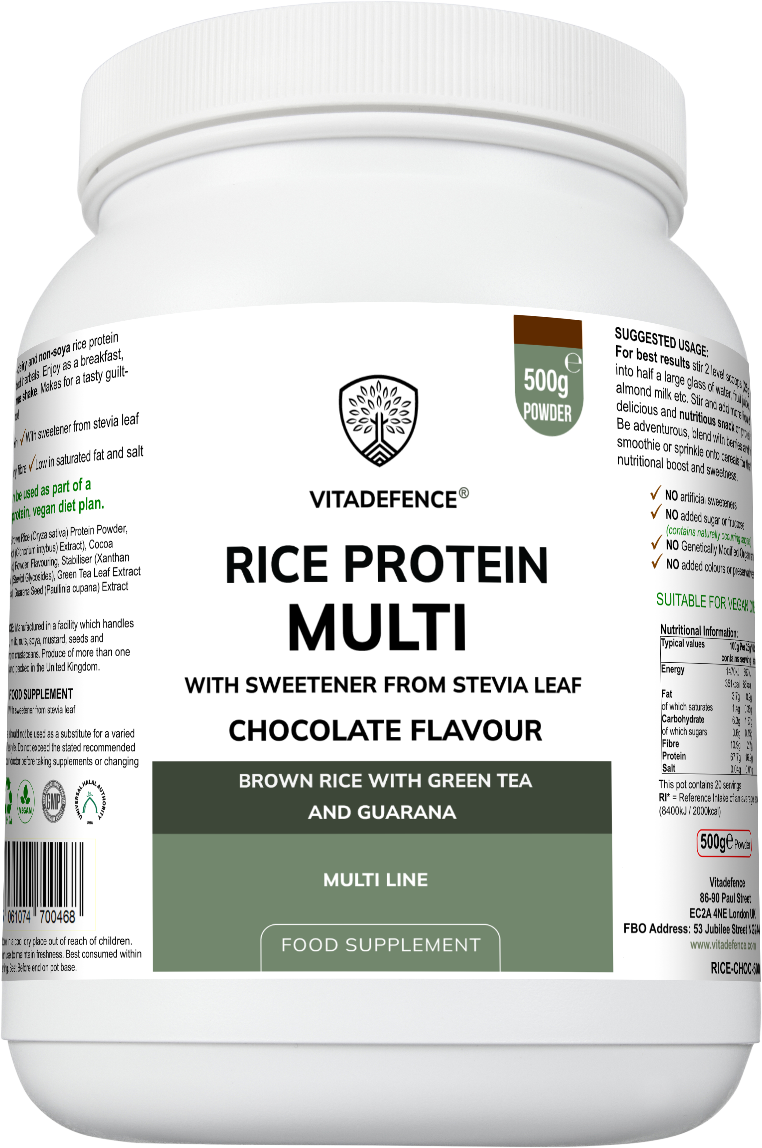Rice Protein Multi Chocolate Flavour with Green Tea and Guarana - 500g Powder Food Supplement by Vitadefence