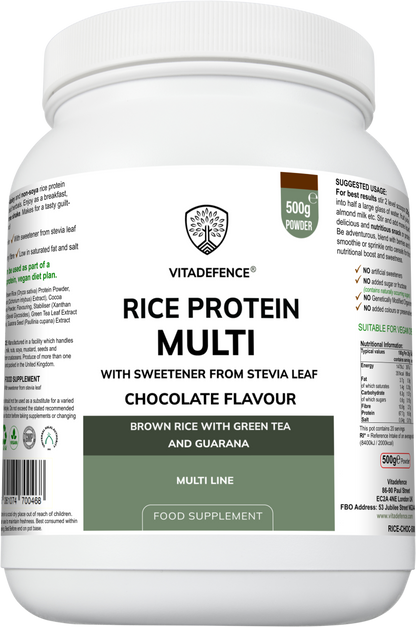 Vitadefence® Rice Protein Multi | Chocolate Flavour Powder with Green Tea & Guarana – 500 g