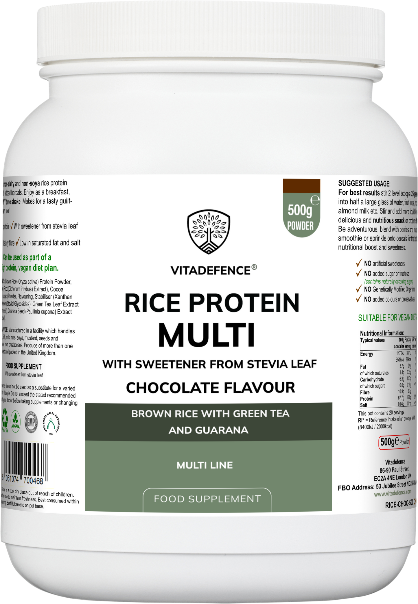 Vitadefence® Rice Protein Multi | Chocolate Flavour Powder with Green Tea & Guarana – 500 g