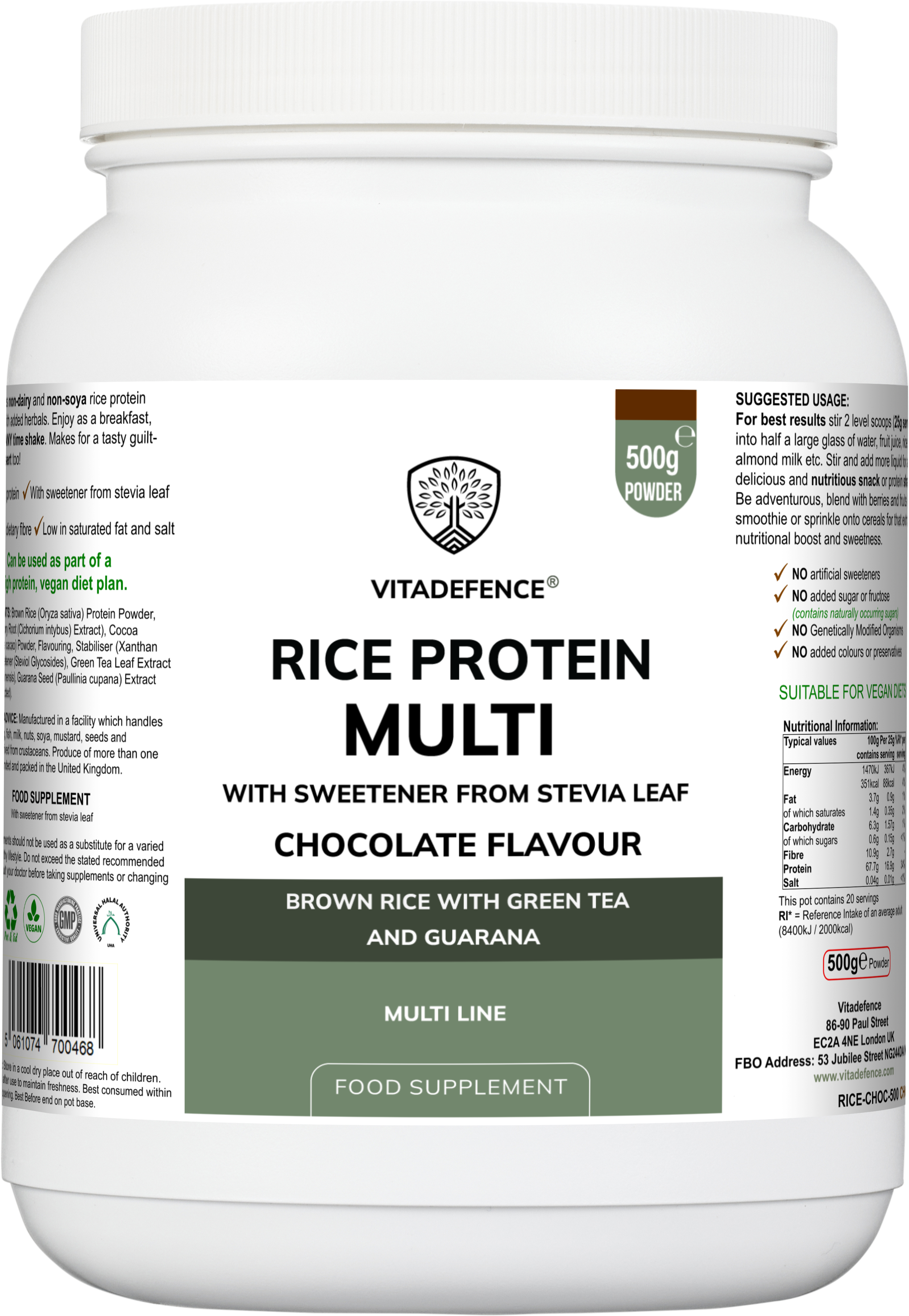 Rice Protein Multi Chocolate Flavour with Green Tea and Guarana - 500g Powder Food Supplement by Vitadefence
