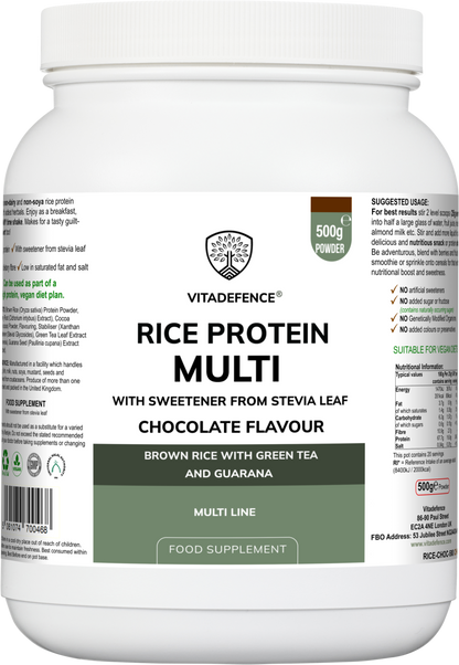 Vitadefence® Rice Protein Multi | Chocolate Flavour Powder with Green Tea & Guarana – 500 g