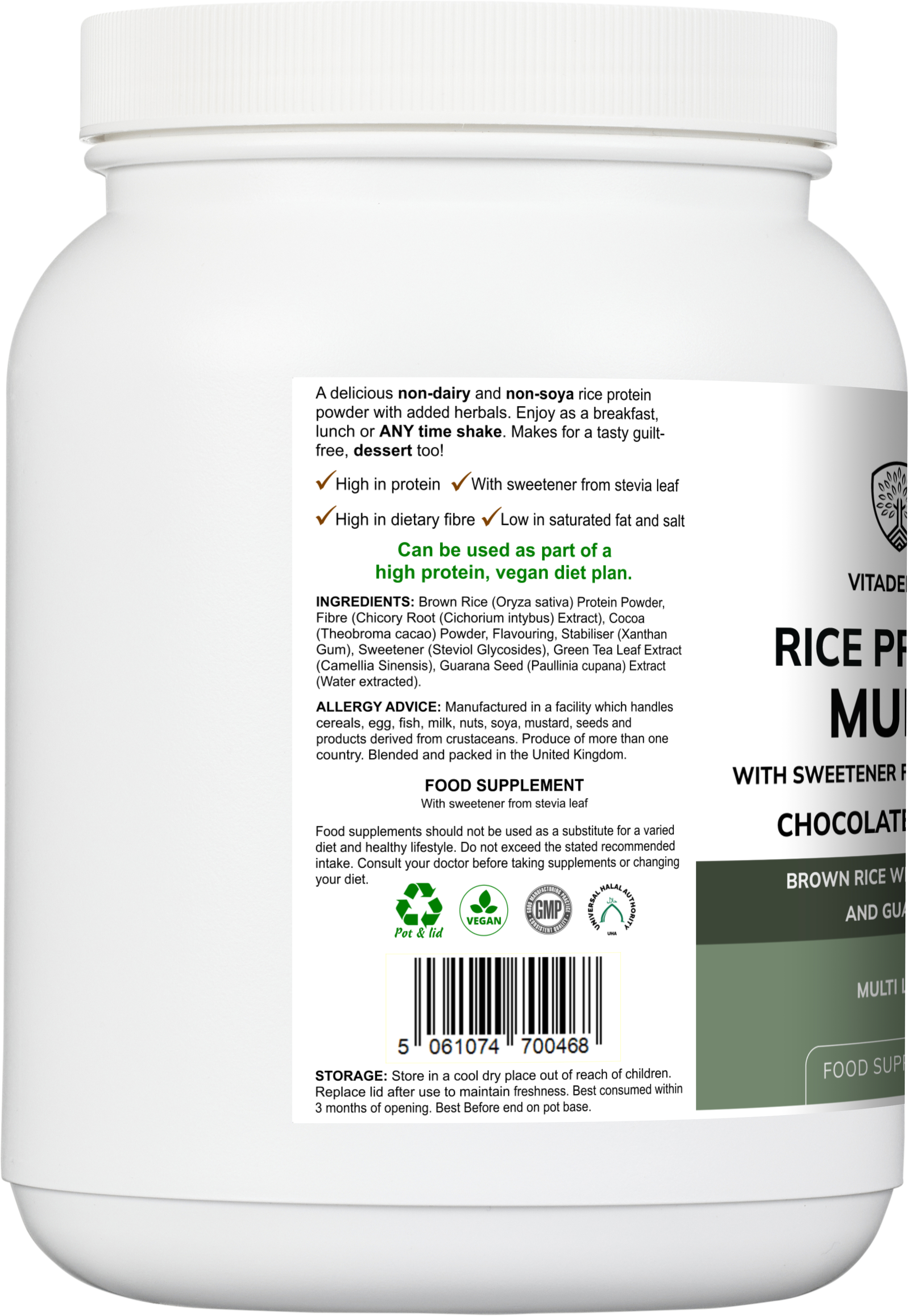 Rice Protein Multi Chocolate Flavour with Green Tea and Guarana - 500g Powder Food Supplement by Vitadefence