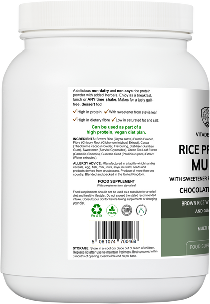 Vitadefence® Rice Protein Multi | Chocolate Flavour Powder with Green Tea & Guarana – 500 g