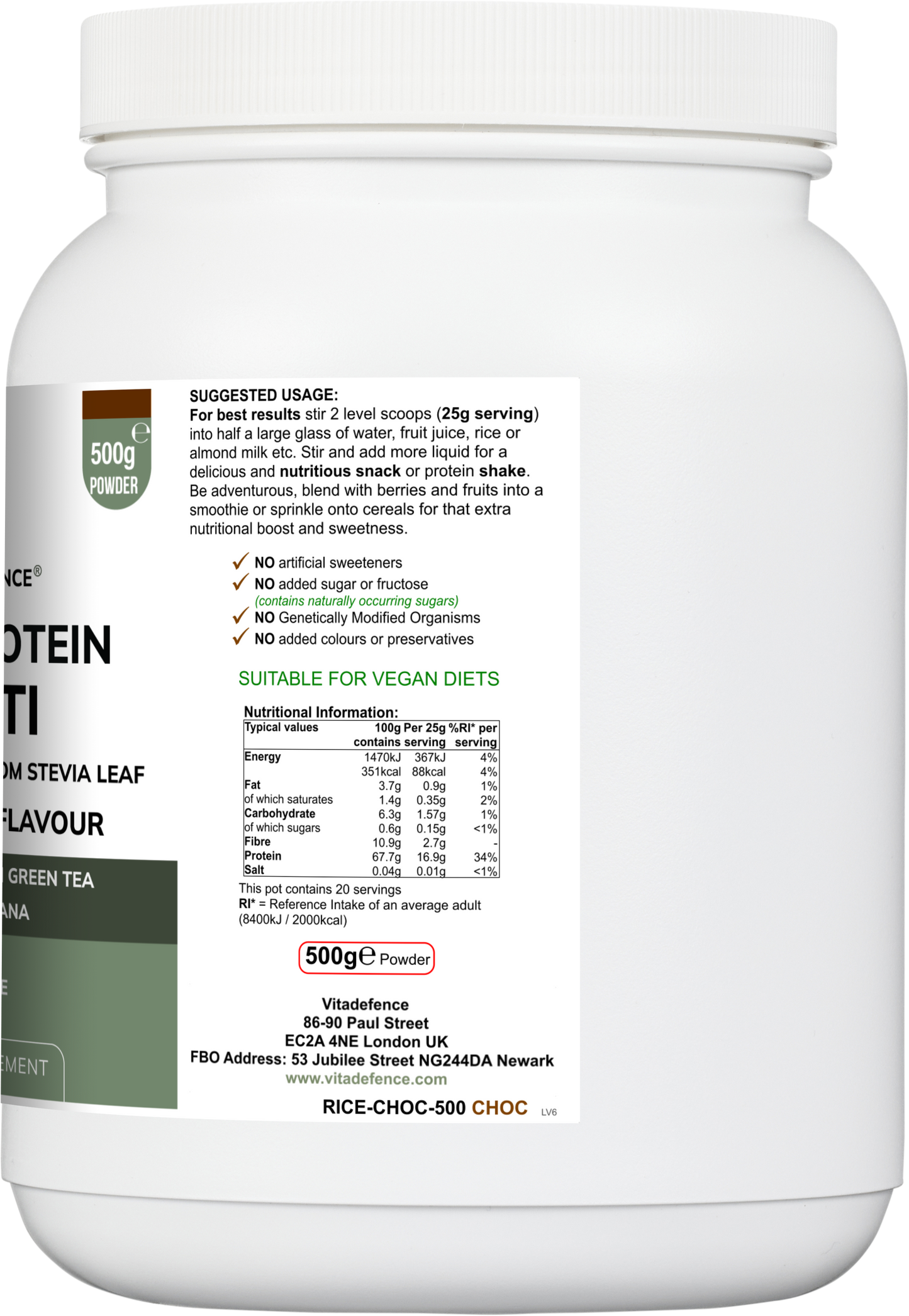 Vitadefence® Rice Protein Multi | Chocolate Flavour Powder with Green Tea & Guarana – 500 g