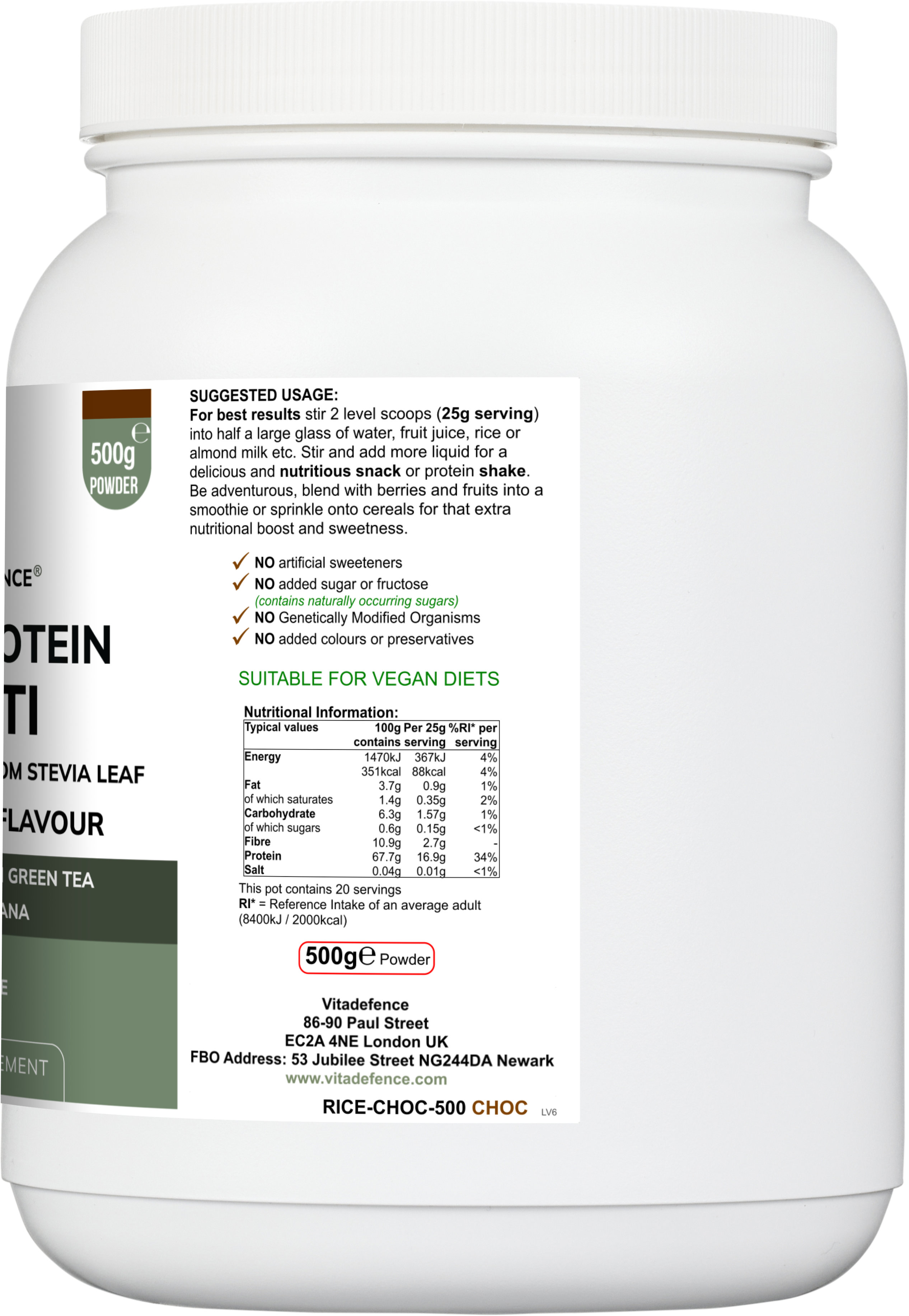 Rice Protein Multi Chocolate Flavour with Green Tea and Guarana - 500g Powder Food Supplement by Vitadefence