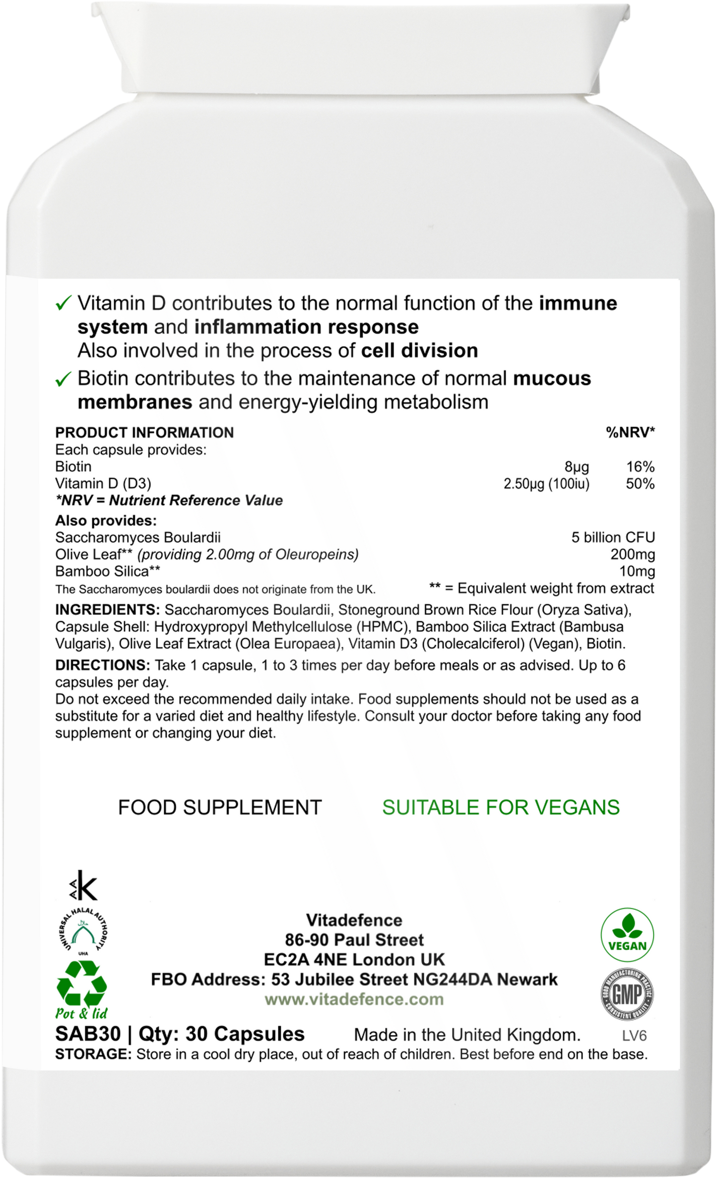 Vitadefence® Saccharomyces Multi | With Vitamin D3, Biotin, Olive Leaf & Bamboo Silica – 30 Capsules