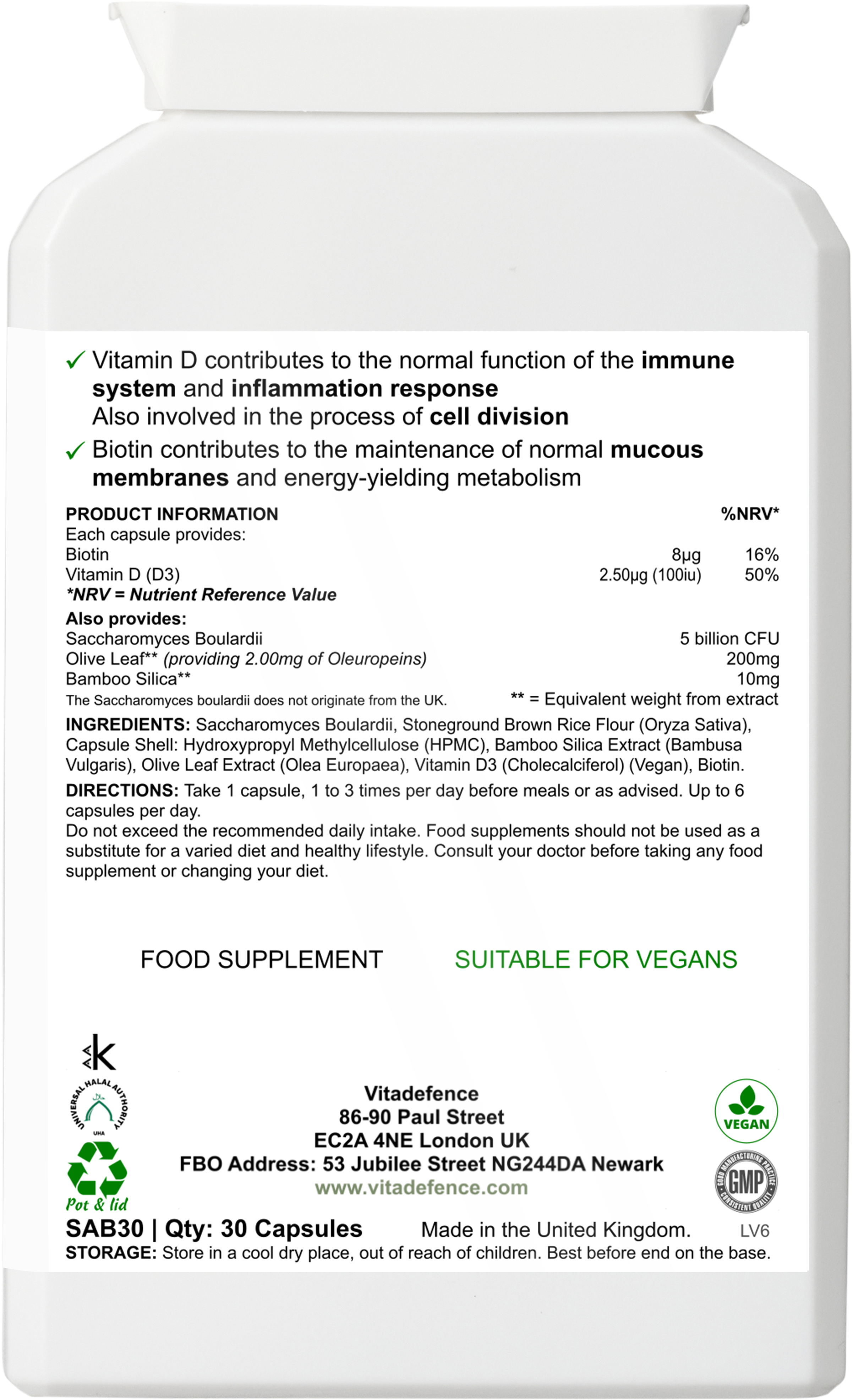Saccharomyces Multi – Vitamin D3, Biotin, Olive Leaf & Bamboo Silica – 30 Capsules (Flat Postal Pack) – Vitadefence®