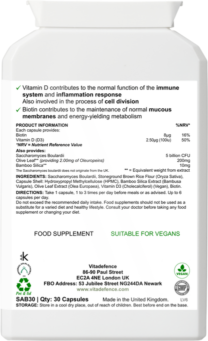 Vitadefence® Saccharomyces Multi | With Vitamin D3, Biotin, Olive Leaf & Bamboo Silica – 30 Capsules