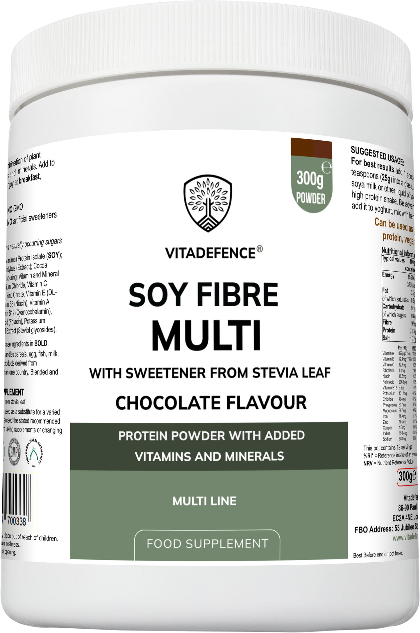 Vitadefence® Soy Fibre Multi | Chocolate Flavour Protein Powder with Vitamins & Minerals – 300 g