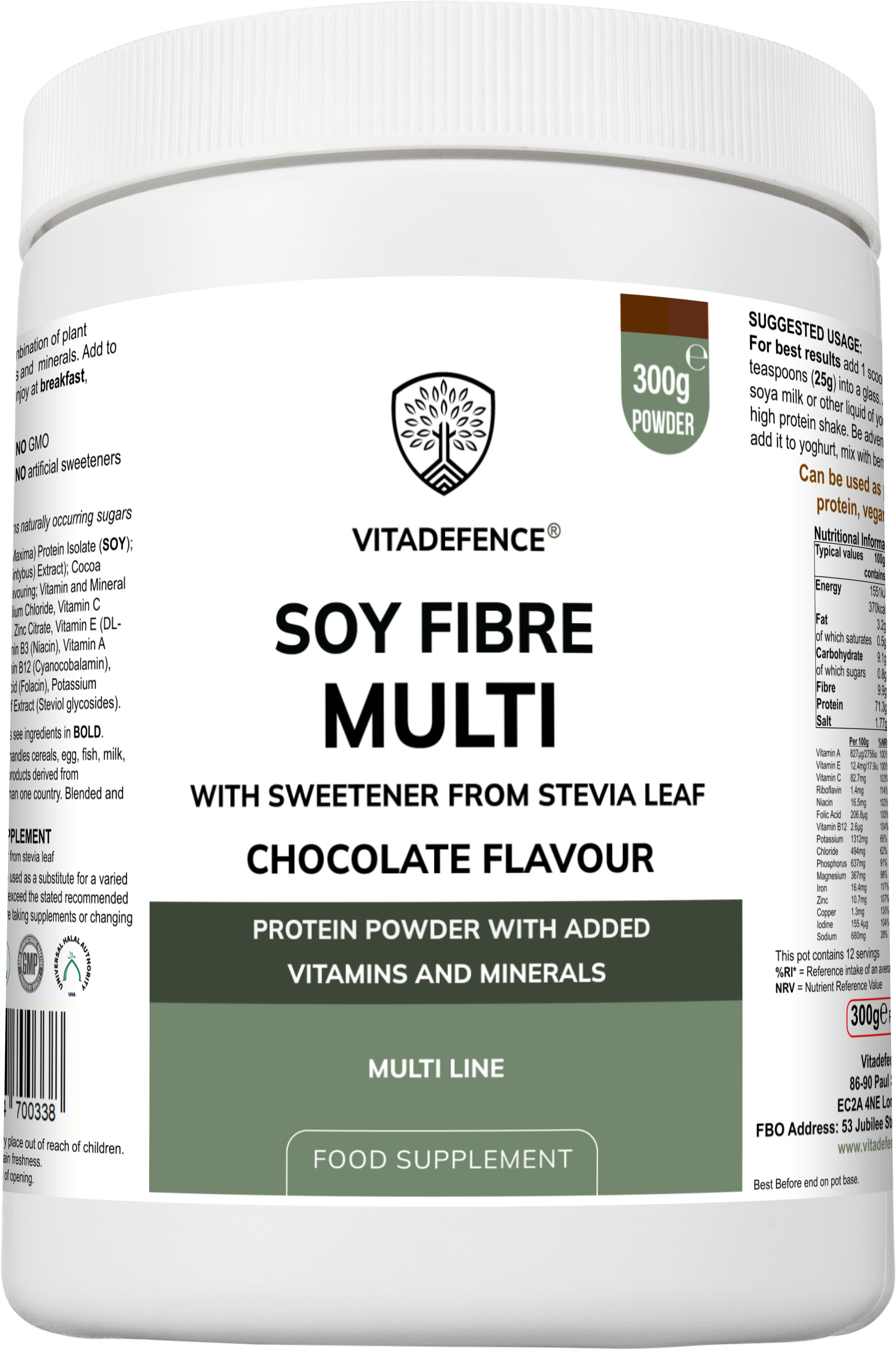 Soy Fibre Multi – Chocolate Flavour | High-Protein Plant-Based Powder with Added Vitamins & Minerals | 300 g | With Stevia Leaf Vitadefence®