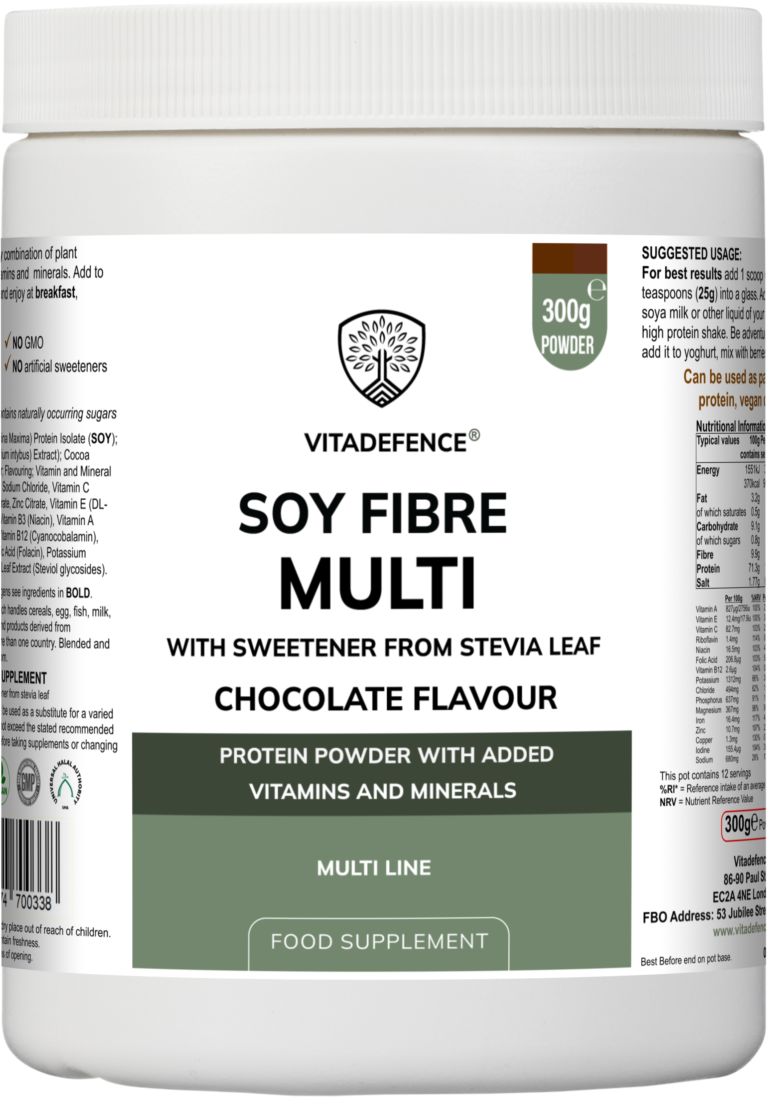 Soy Fibre Multi – Chocolate Flavour | High-Protein Plant-Based Powder with Added Vitamins & Minerals | 300 g | With Stevia Leaf Vitadefence®