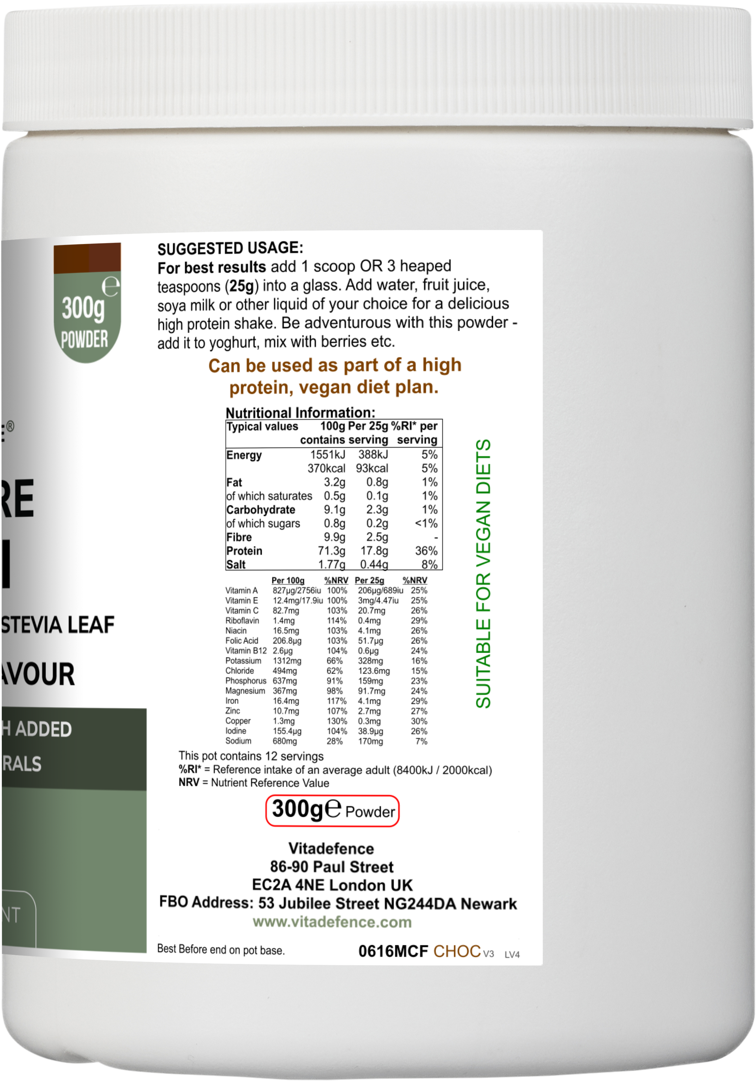 Soy Fibre Multi – Chocolate Flavour | High-Protein Plant-Based Powder with Added Vitamins & Minerals | 300 g | With Stevia Leaf Vitadefence®