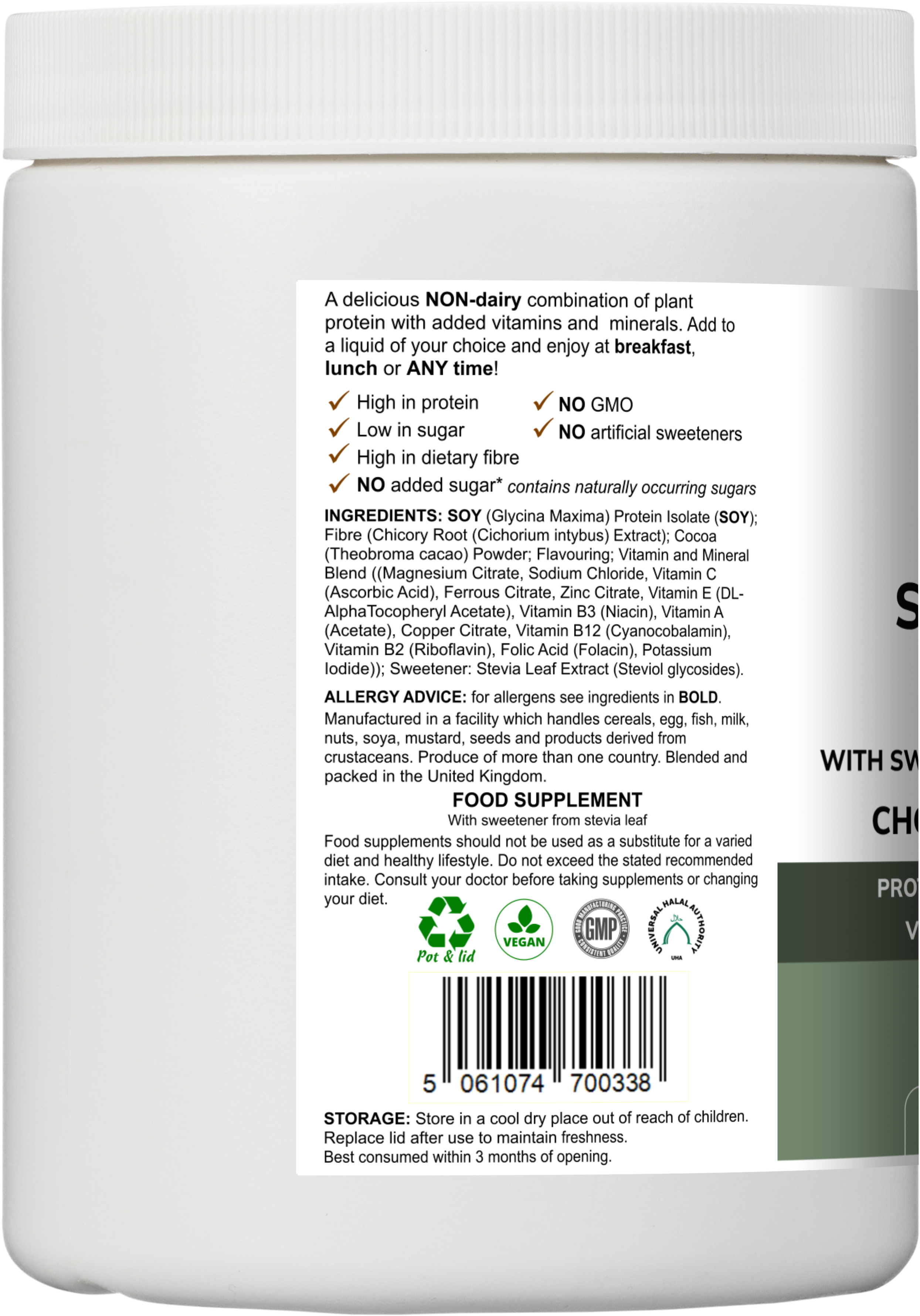 Soy Fibre Multi – Chocolate Flavour | High-Protein Plant-Based Powder with Added Vitamins & Minerals | 300 g | With Stevia Leaf Vitadefence®
