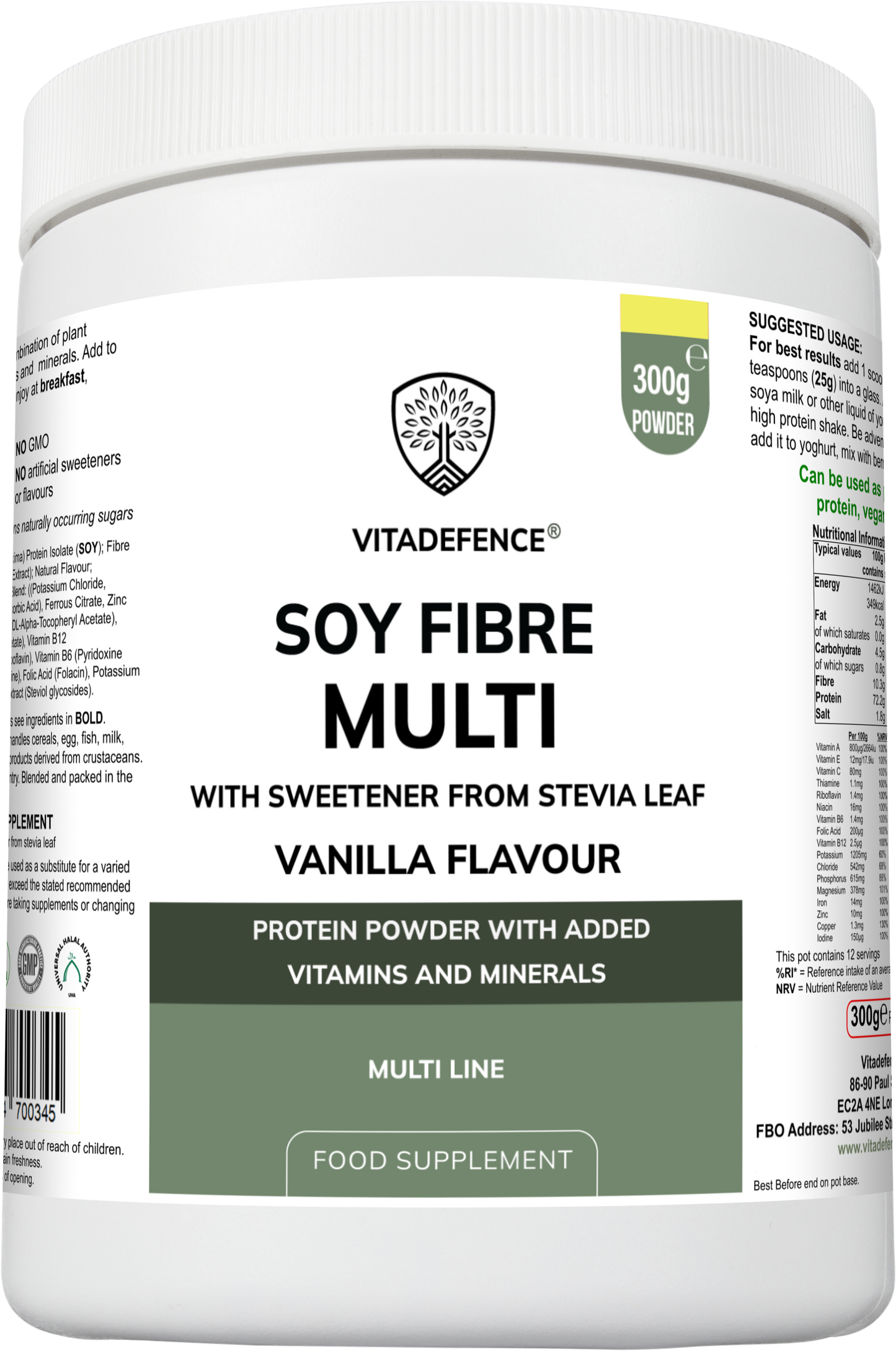 Vitadefence® Soy Fibre Multi | Vanilla Flavour Protein Powder with Vitamins & Minerals – 300 g