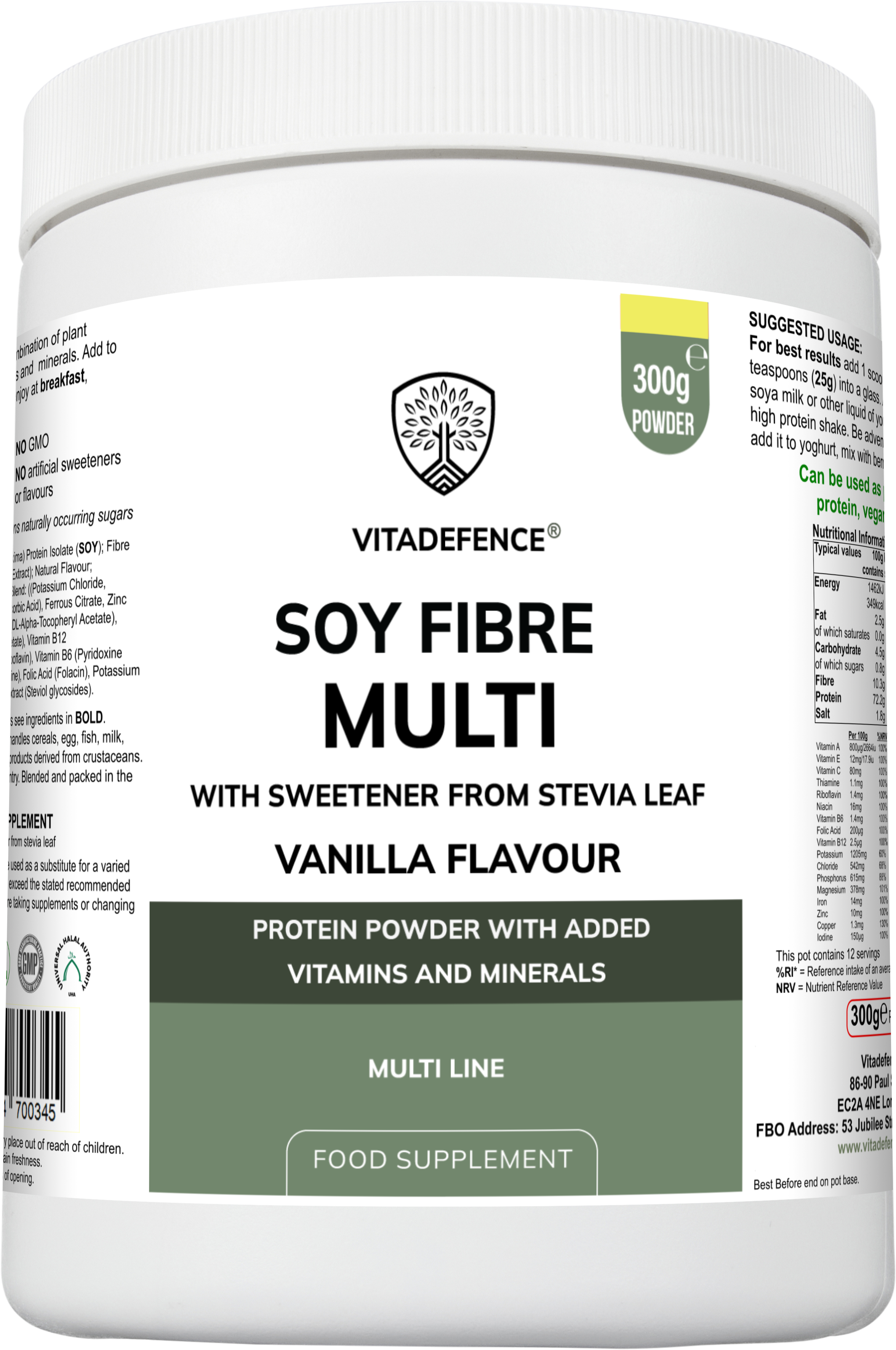 Soy Fibre Multi – Vanilla Flavour | High-Protein Plant-Based Powder with Added Vitamins & Minerals | 300 g | With Stevia Leaf Vitadefence®