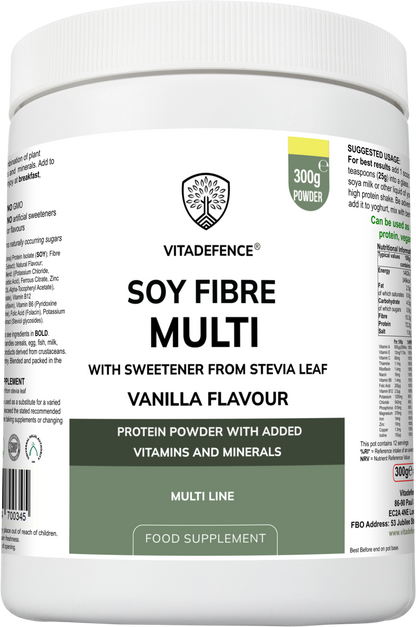 Vitadefence® Soy Fibre Multi | Vanilla Flavour Protein Powder with Vitamins & Minerals – 300 g