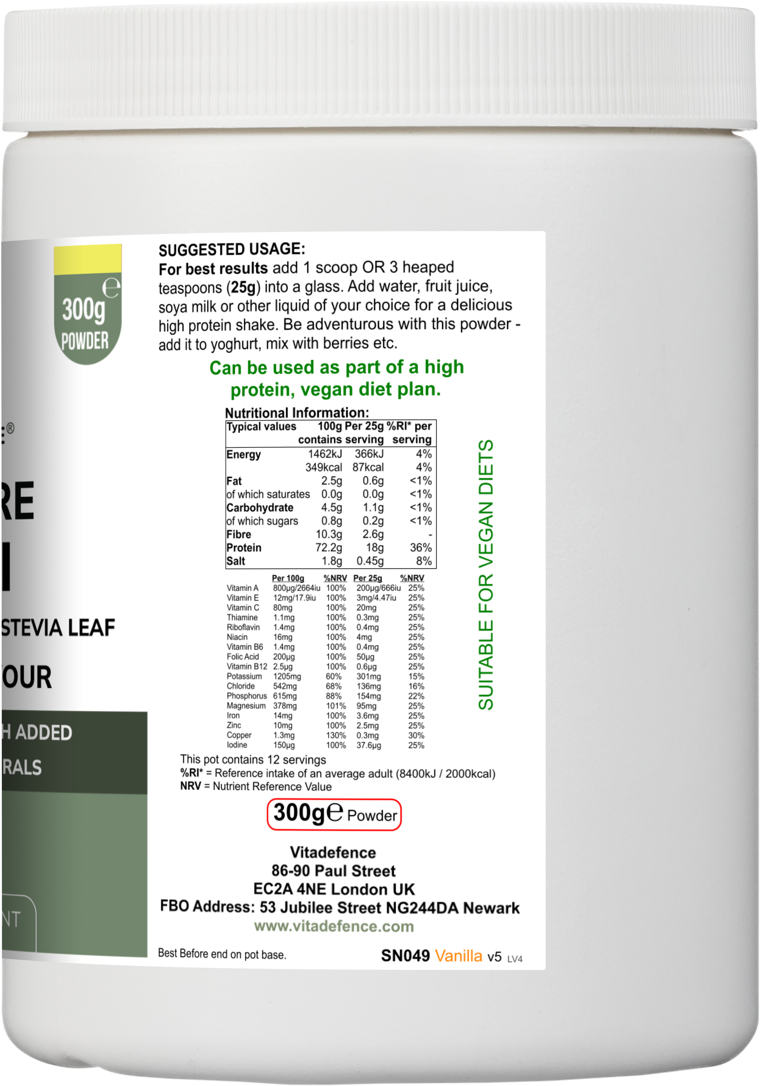 Soy Fibre Multi – Vanilla Flavour | High-Protein Plant-Based Powder with Added Vitamins & Minerals | 300 g | With Stevia Leaf Vitadefence®
