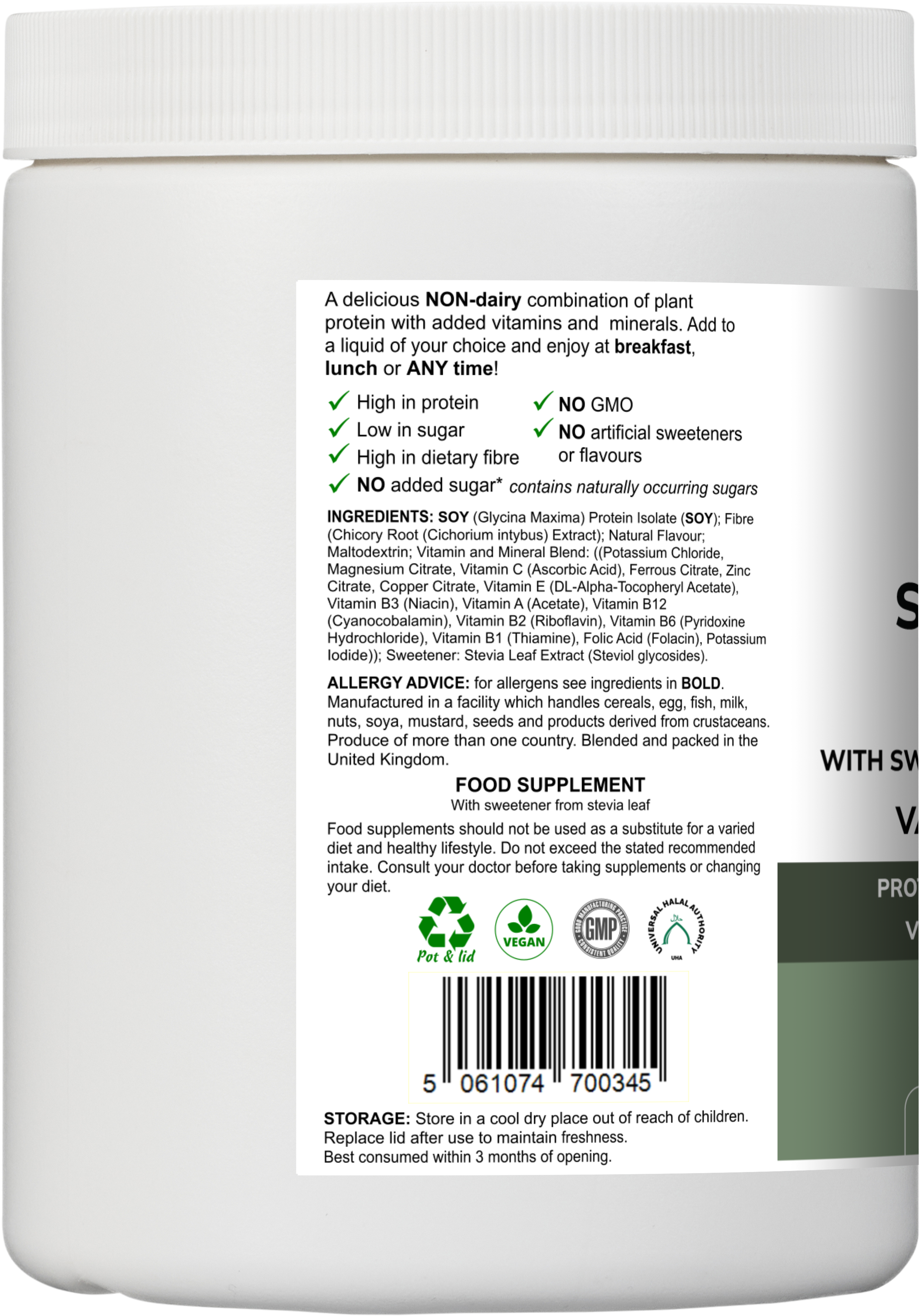 Soy Fibre Multi – Vanilla Flavour | High-Protein Plant-Based Powder with Added Vitamins & Minerals | 300 g | With Stevia Leaf Vitadefence®