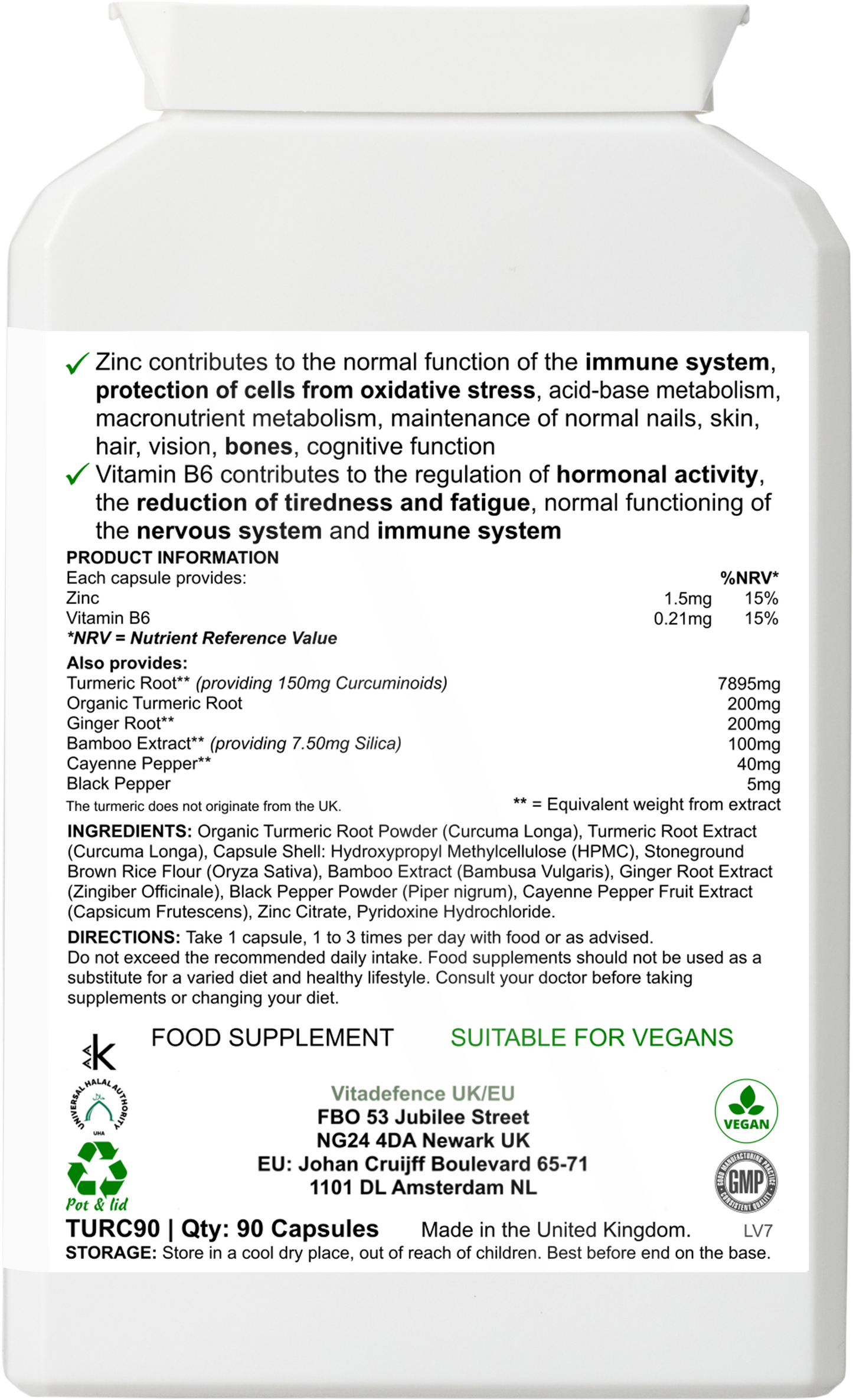 Vitadefence® Turmeric Max | With Vitamin B6, Zinc & Botanicals – 90 Capsules