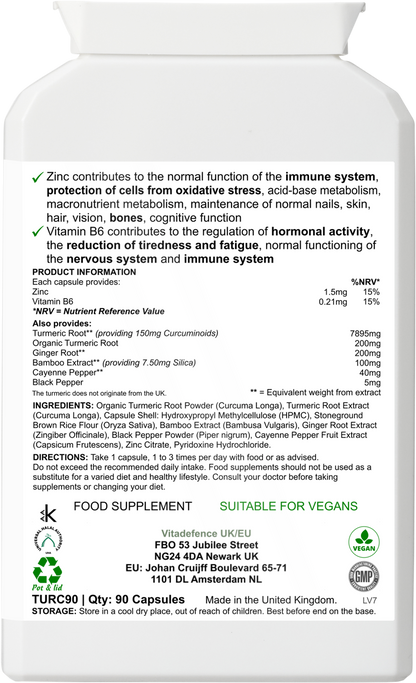 Vitadefence® Turmeric Max | With Vitamin B6, Zinc & Botanicals – 90 Capsules