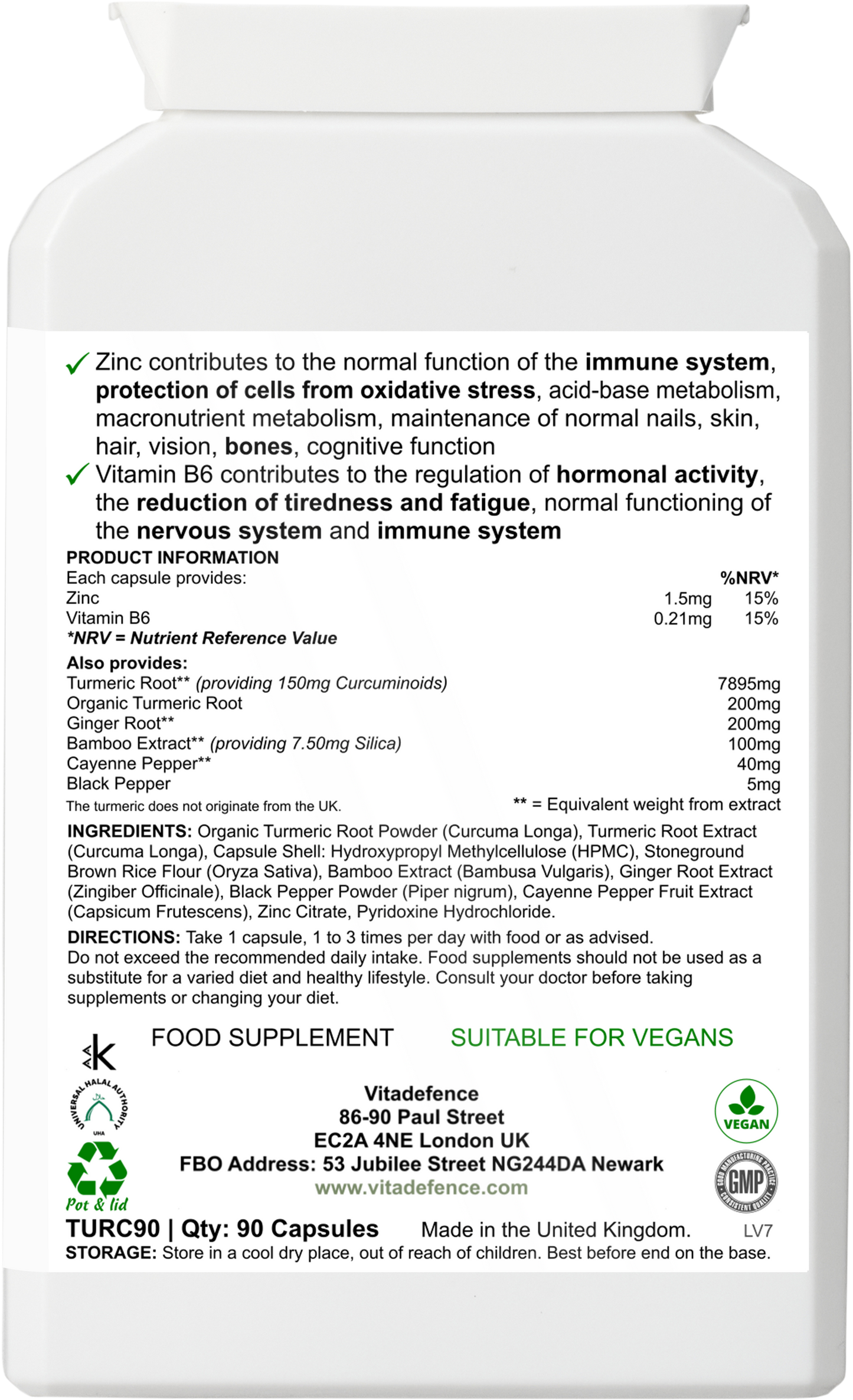 Vitadefence® Turmeric Max | With Vitamin B6, Zinc & Botanicals – 90 Capsules
