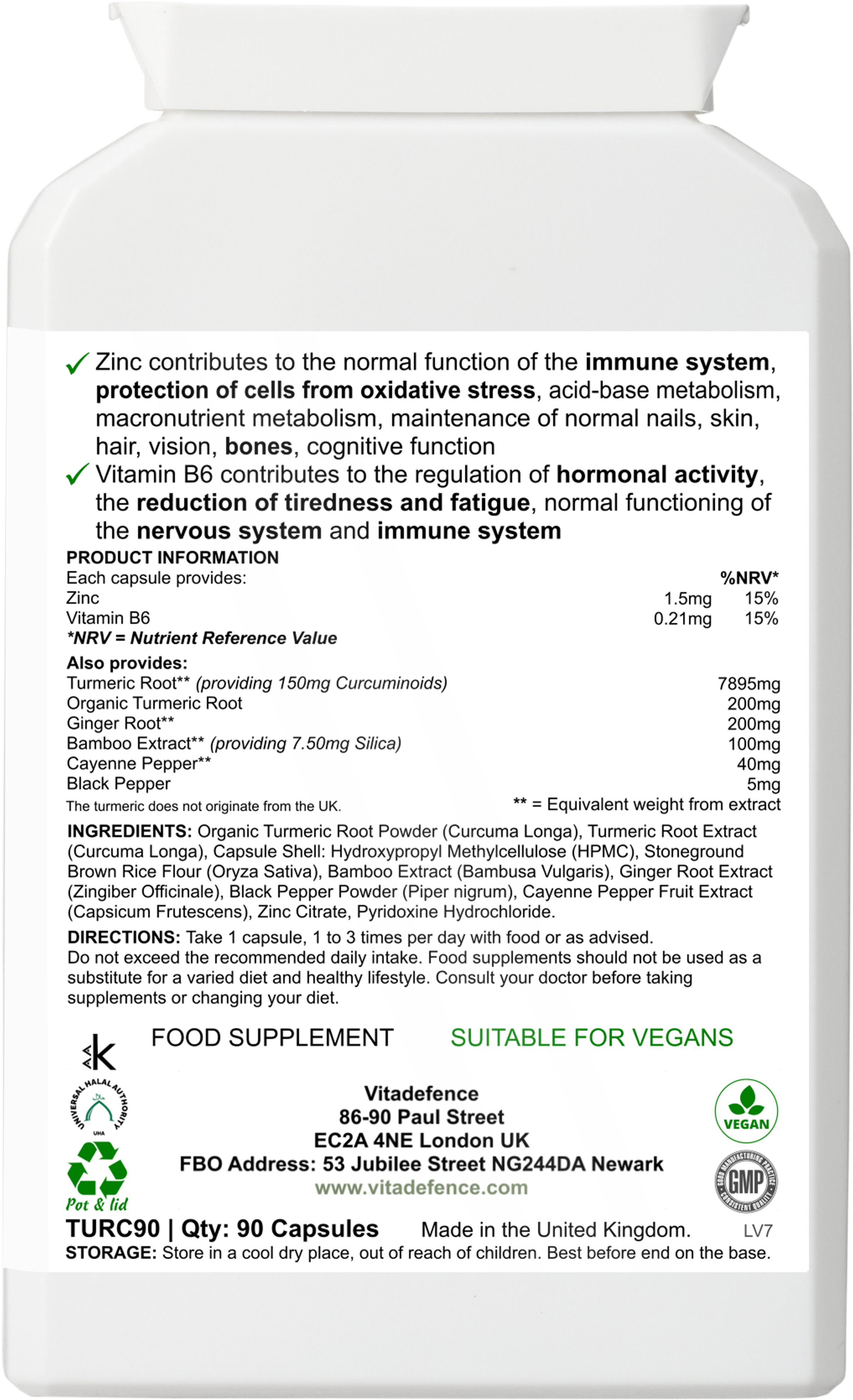 Turmeric Max with Vitamin B6, Zinc, and Botanicals – 90 Capsules | Vitadefence®