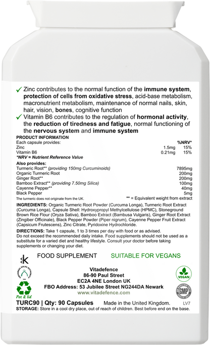 Vitadefence® Turmeric Max | With Vitamin B6, Zinc & Botanicals – 90 Capsules