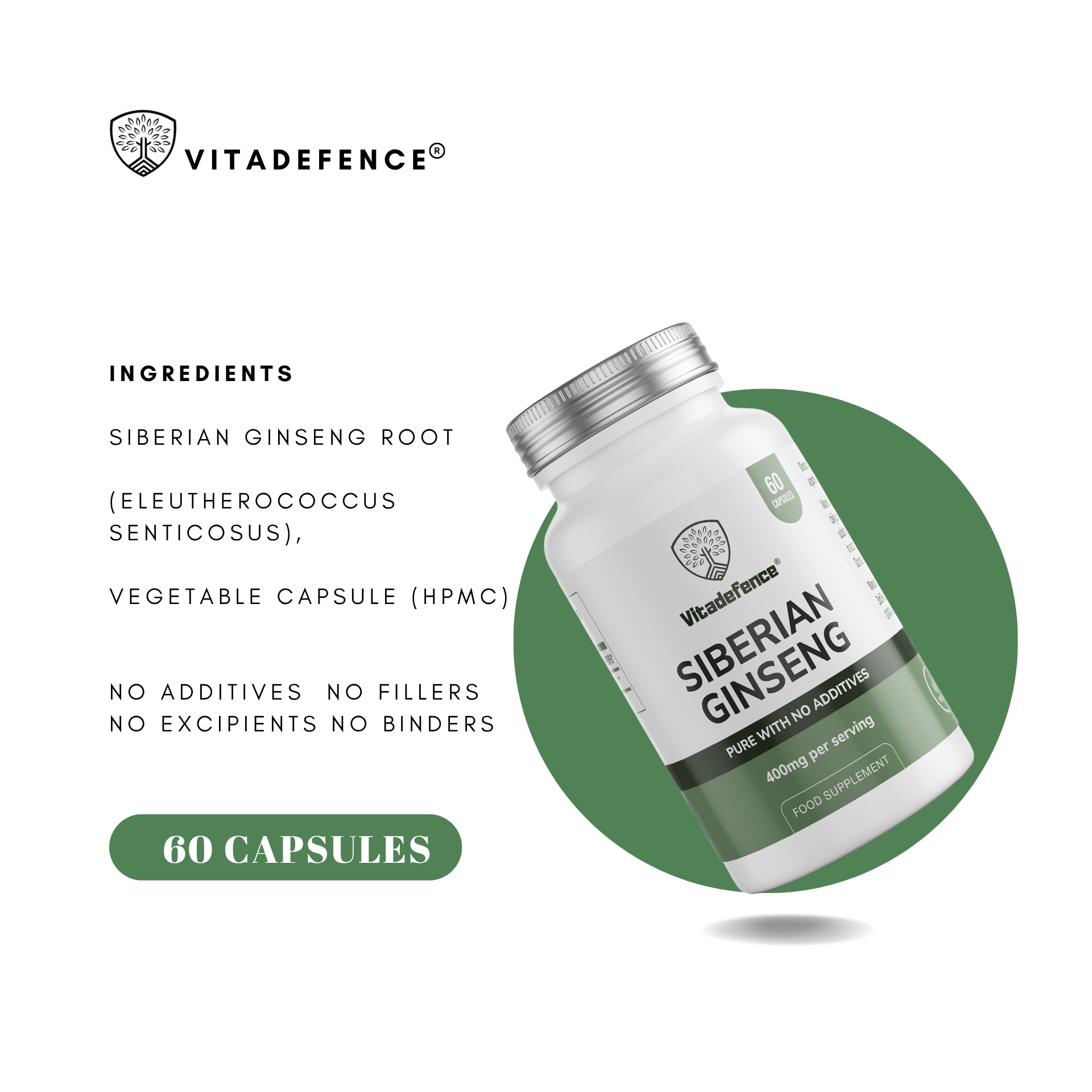 Vitadefence Siberian Ginseng supplement bottle with 60 vegan capsules and ingredient details.