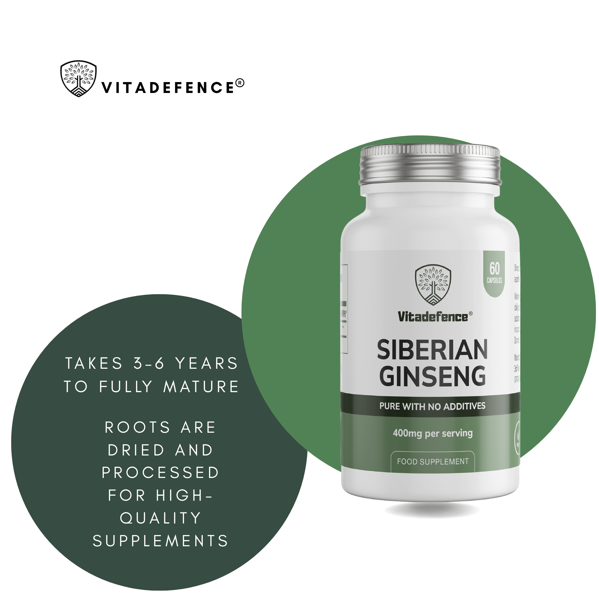 Vitadefence Siberian Ginseng 60 vegan capsules, premium food supplement with no additives, 400mg per serving.
