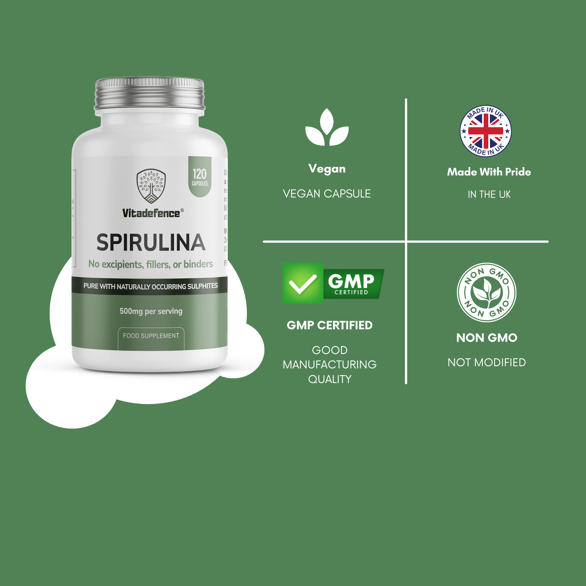 Vitadefence Spirulina vegan capsules, 120 count, 500mg per serving, GMP certified, made in the UK, pure food supplement.