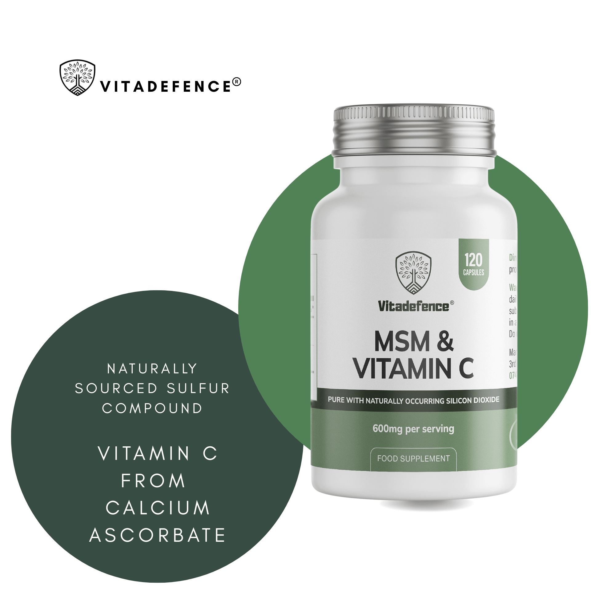 Vitadefence MSM & Vitamin C supplement with 120 vegan capsules, 600mg MSM, and naturally sourced ingredients.