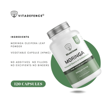 Vitadefence Moringa 120 vegan capsules, pure Moringa Oleifera supplement with no additives, 500mg per serving.