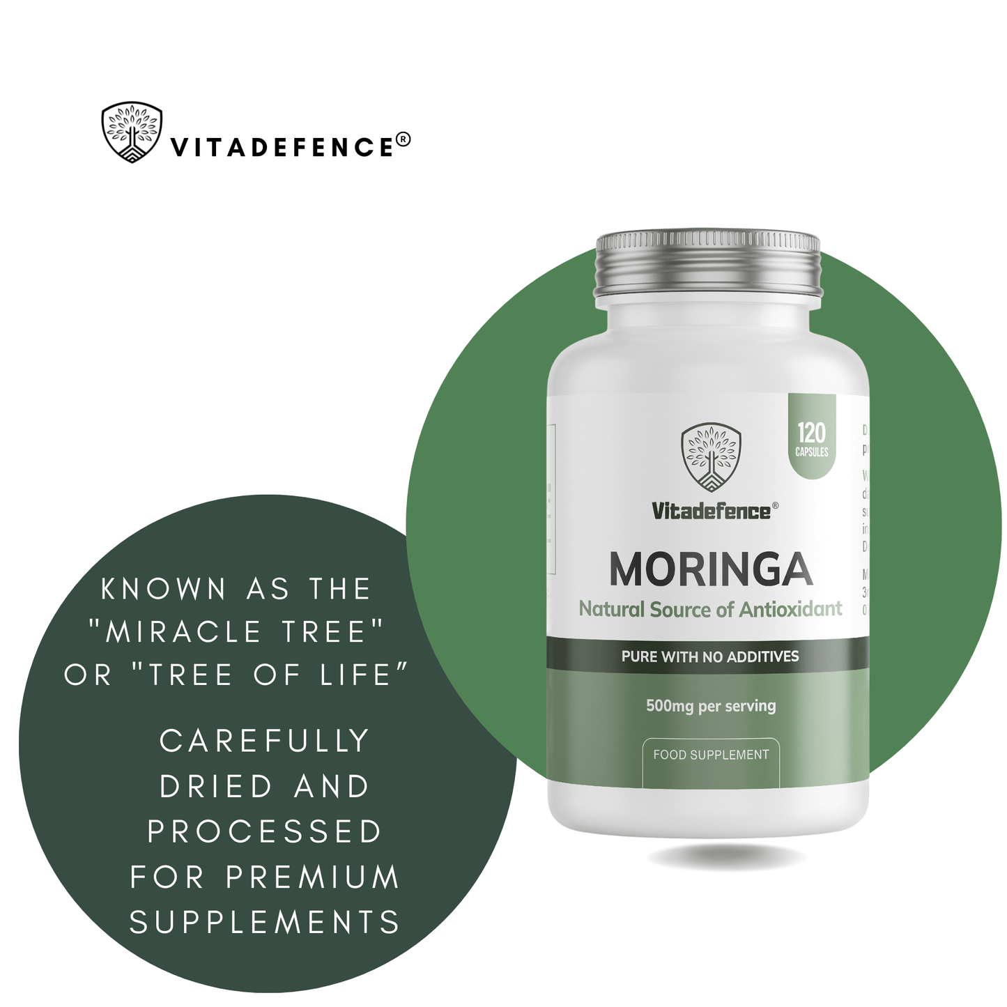 Vitadefence Moringa supplement, 120 vegan capsules, premium source of antioxidants, 500mg per serving.