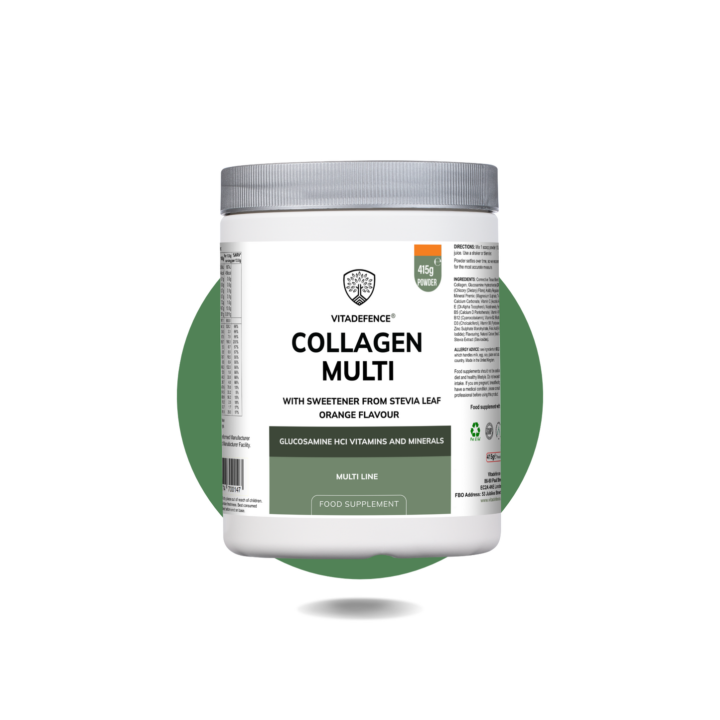 Vitadefence® Collagen Multi | Orange Flavour Powder with Glucosamine, Vitamins & Minerals – 415 g