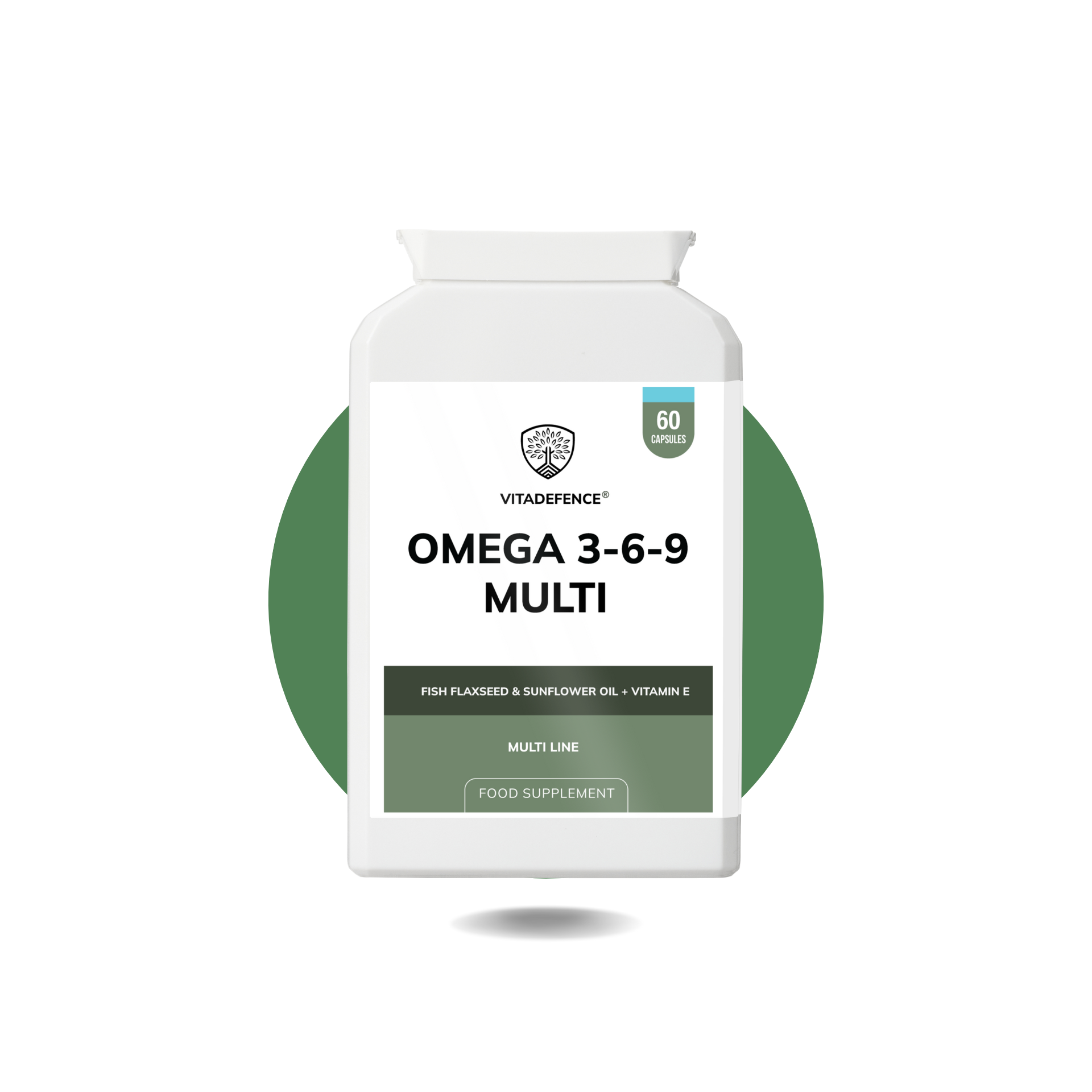 Omega 3-6-9 Multi – Fish, Flaxseed & Sunflower Oil + Vitamin E – 60 Gelatin Capsules – Vitadefence®