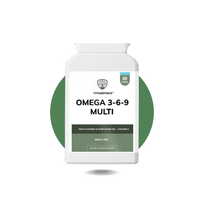 Vitadefence® Omega 3-6-9 Multi | With Fish Oil, Flaxseed, Sunflower Oil & Vitamin E – 60 Gelatin Capsules