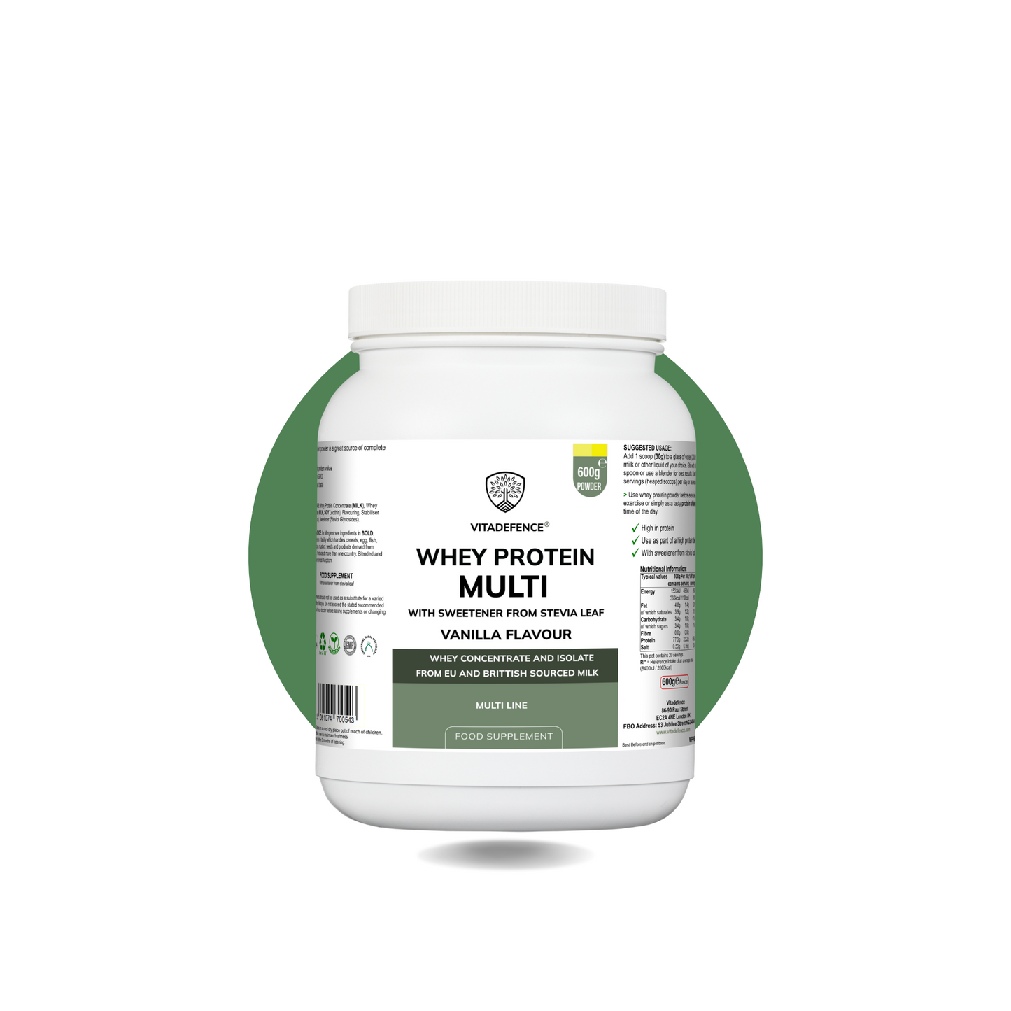 Vitadefence® Whey Protein Multi | Vanilla Flavour Protein Powder with Stevia – 600 g