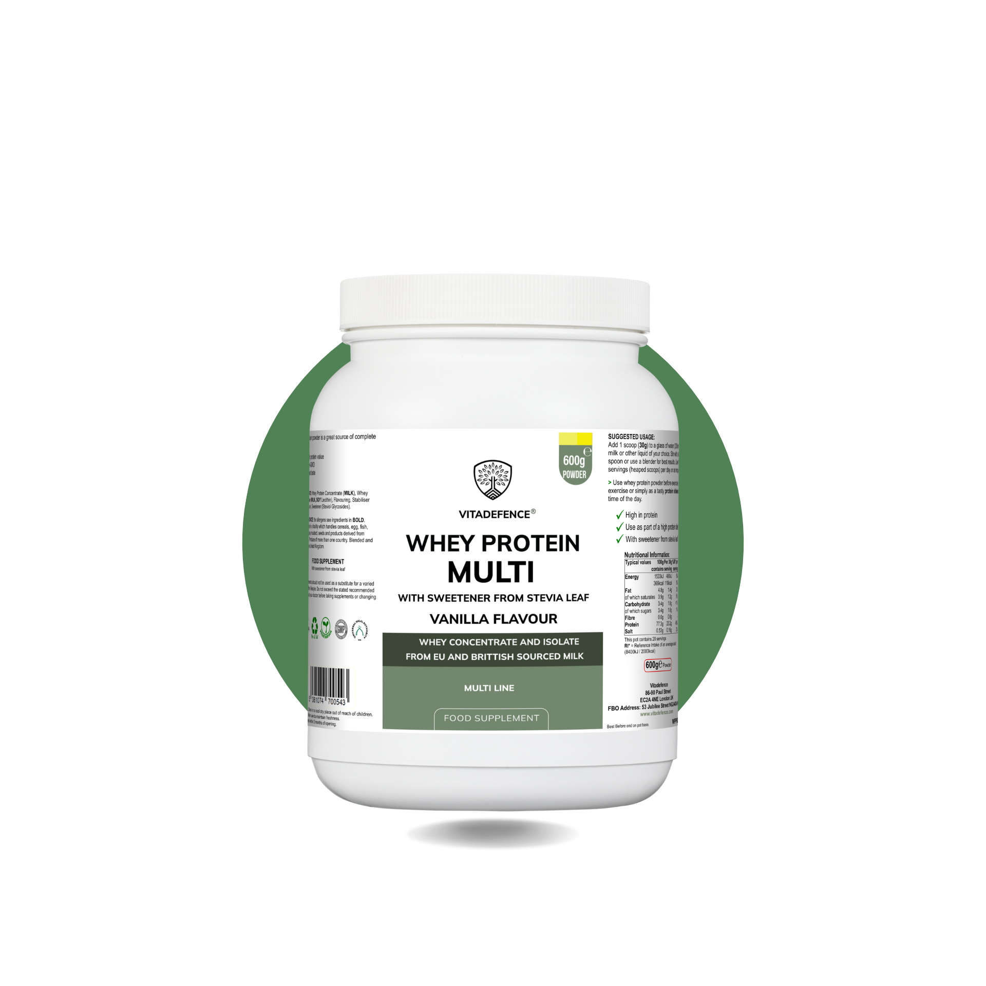Whey Protein Multi Vanilla Flavour with Stevia - 600g Powder Food Supplement by Vitadefence