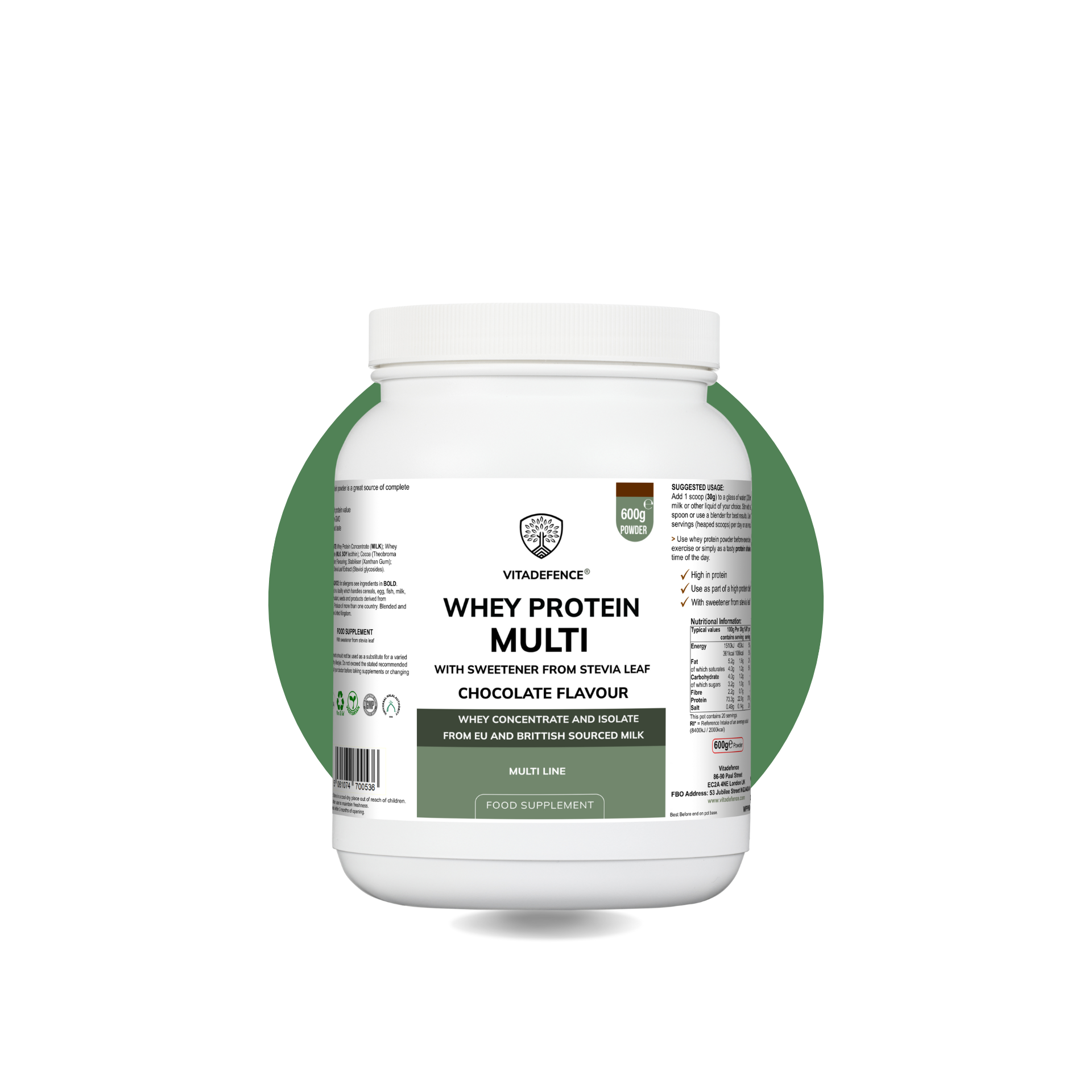 Whey Protein Multi Chocolate Flavour with Stevia - 600g Powder Food Supplement by Vitadefence