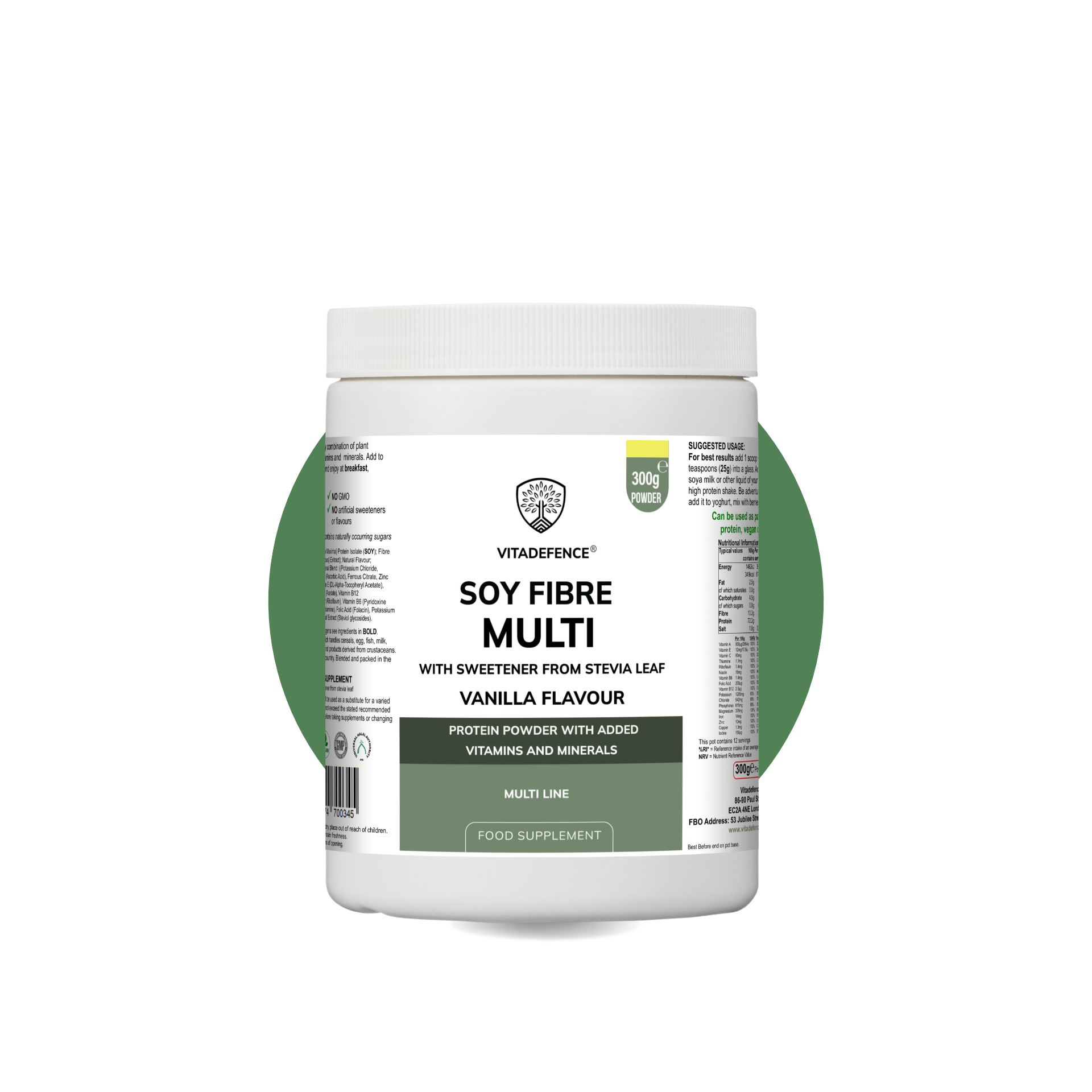 Soy Fibre Multi – Vanilla Flavour | High-Protein Plant-Based Powder with Added Vitamins & Minerals | 300 g | With Stevia Leaf Vitadefence®