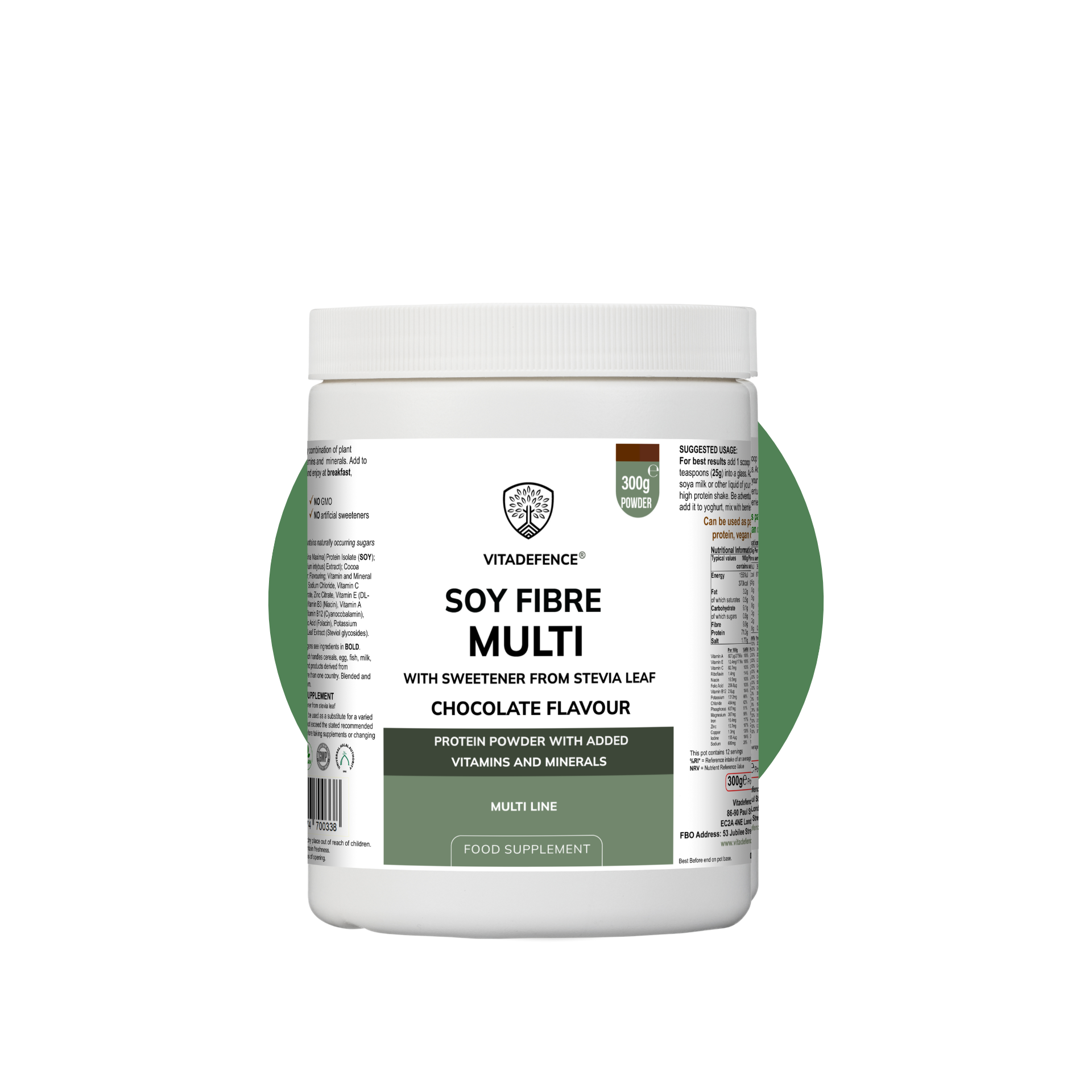 Soy Fibre Multi – Chocolate Flavour | High-Protein Plant-Based Powder with Added Vitamins & Minerals | 300 g | With Stevia Leaf Vitadefence®