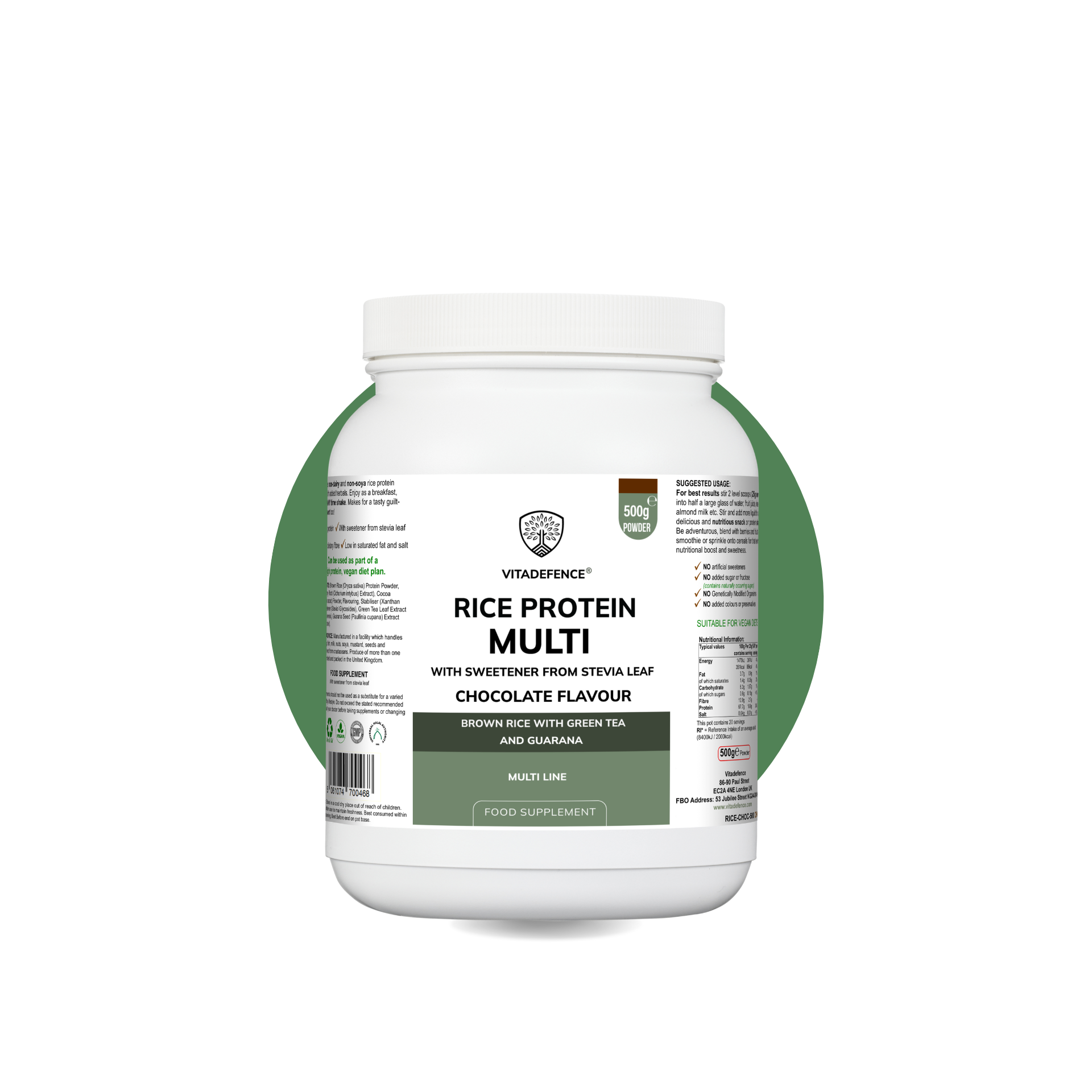 Rice Protein Multi Chocolate Flavour with Green Tea and Guarana - 500g Powder Food Supplement by Vitadefence