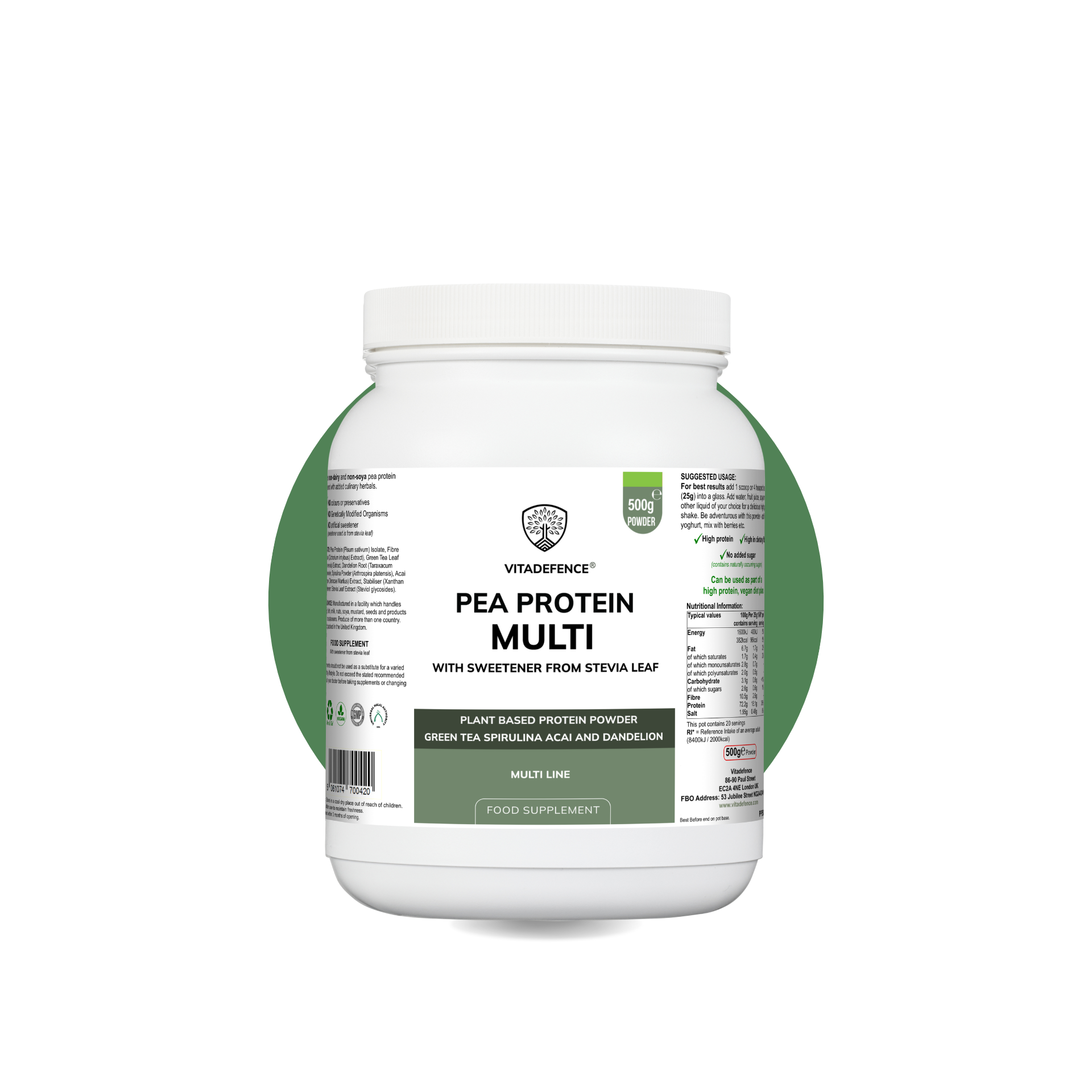 Pea Protein Multi – Plant-Based Protein Powder with Green Tea, Spirulina, Açai & Dandelion