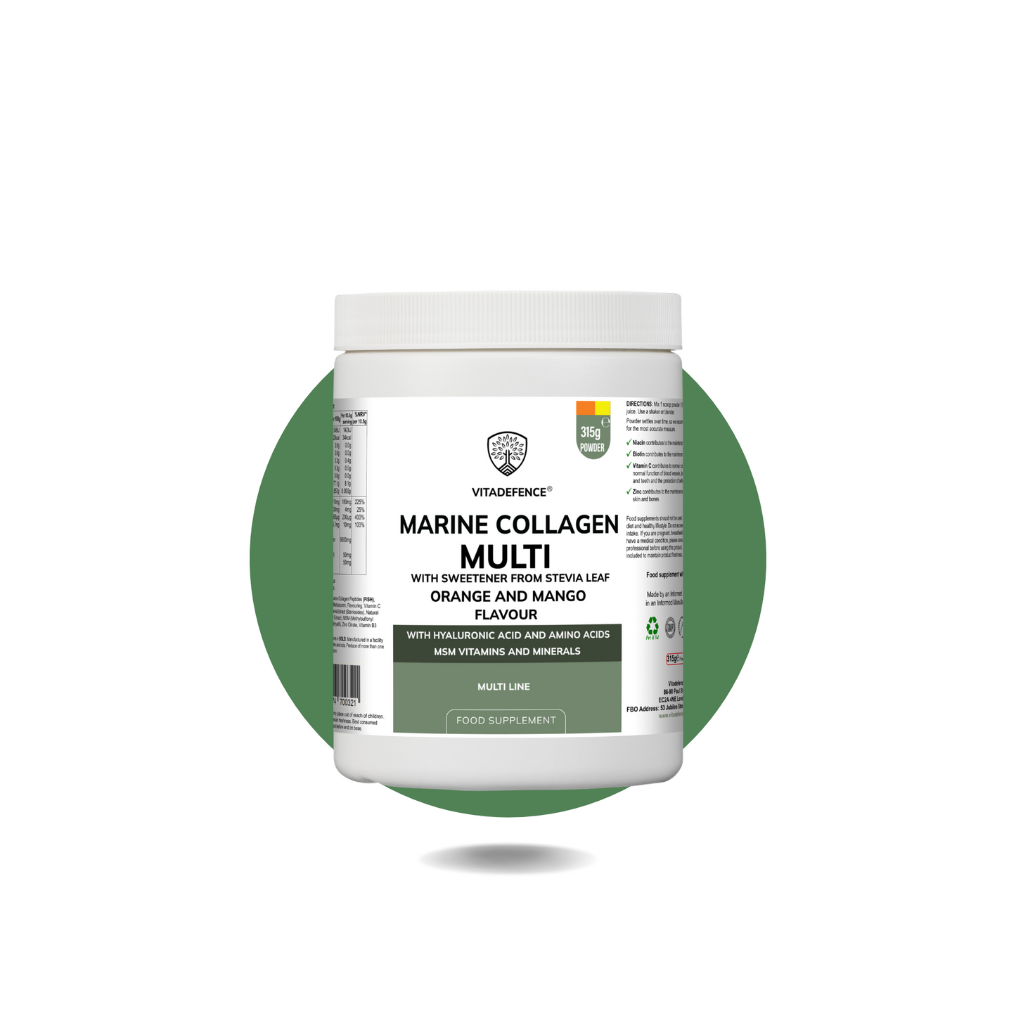 Vitadefence® Marine Collagen Multi | Orange & Mango Flavour Powder with Hyaluronic Acid, MSM, Vitamins & Minerals – 315 g