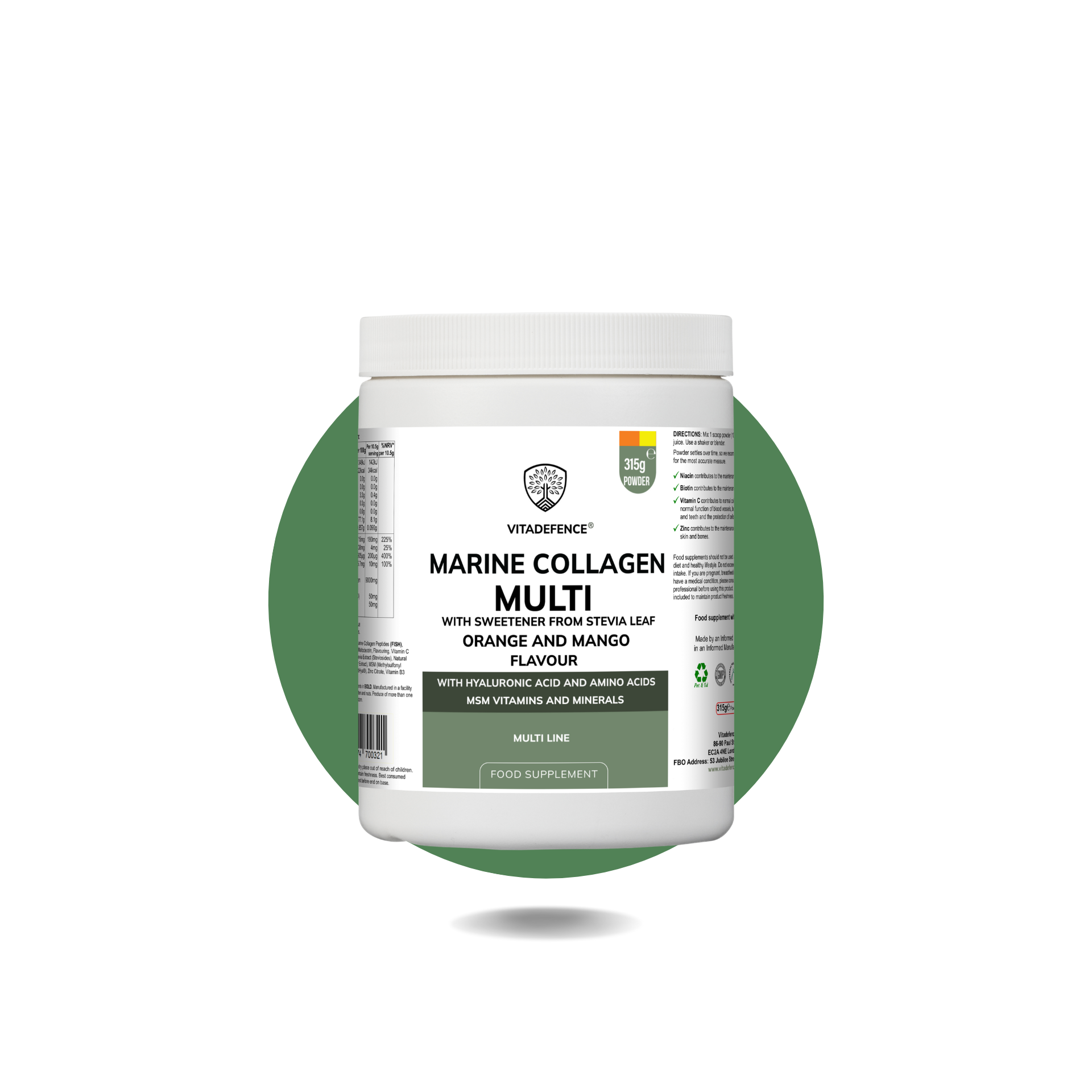 Marine Collagen Multi – Orange & Mango Flavour | With Hyaluronic Acid, MSM, Vitamins & Minerals | 315 g Powder