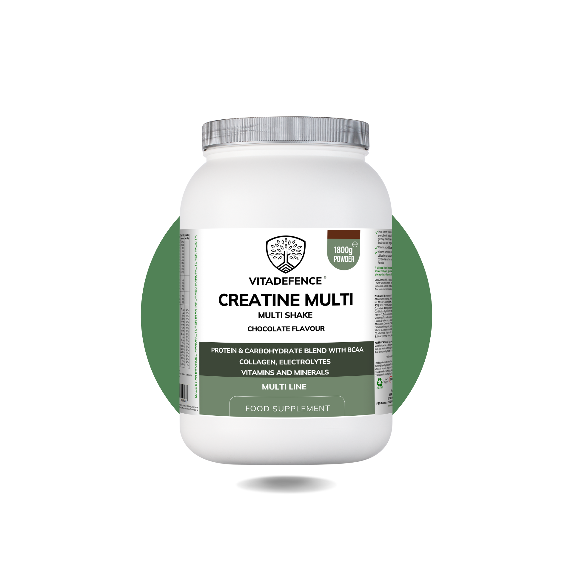 Creatine Multi – Chocolate Flavour | Protein & Carbohydrate Blend with BCAA, Collagen, Electrolytes, Vitamins & Minerals – 1800g Powder